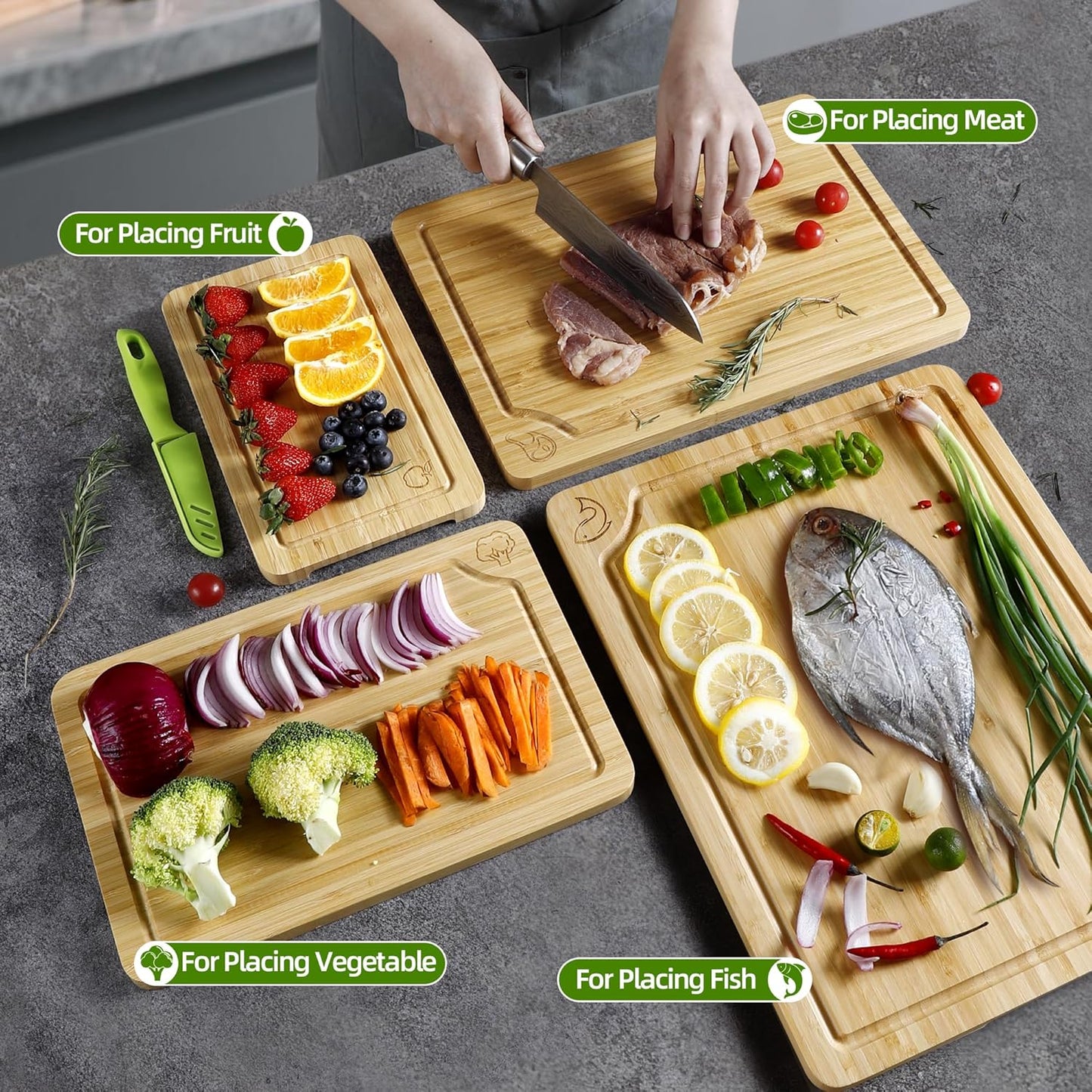 Bamboo Cutting Board Set of 3, Cutting Boards for Kitchen with Juice Groove, Bamboo Chopping Board Set, Serving Board Set for Meat, Fruit Vegetable and Cheese