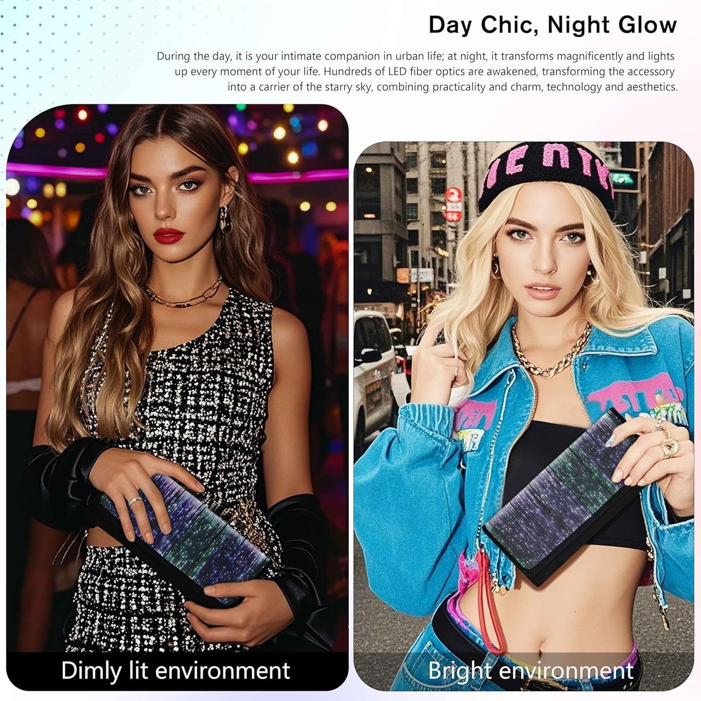 Larcenciel Clutch Purse for Women, LED Light Up Purse - 11 Neon Glow Modes, Holographic Evening Bag with Chain Strap, Rechargeable Party Handbag for Prom Disco Club Bar Night Events Weddings (Black)