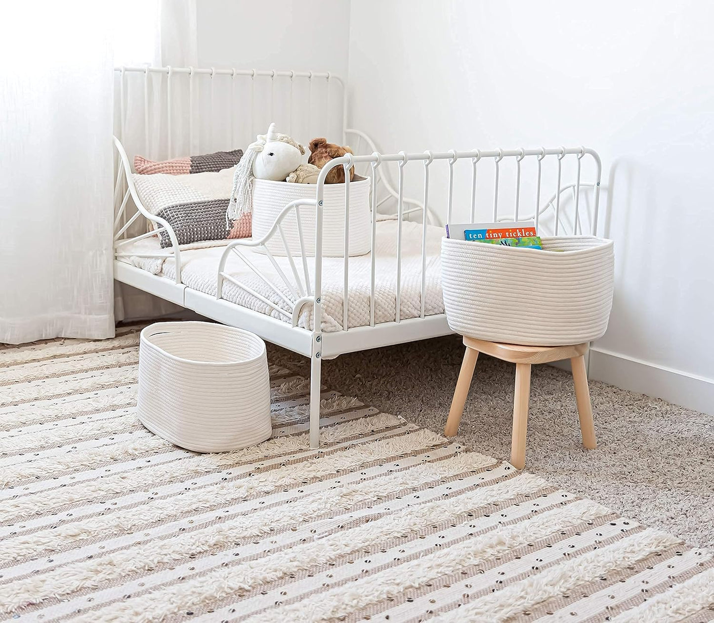 OrganiHaus Soft Woven Baskets for Storage Organization Set of 3, Cotton Rope Nursery Storage Baskets for Shelves, Square Book Bins, Bathroom Towel Hamper, Dog Toy Bins, Panier Rangement - Light Honey