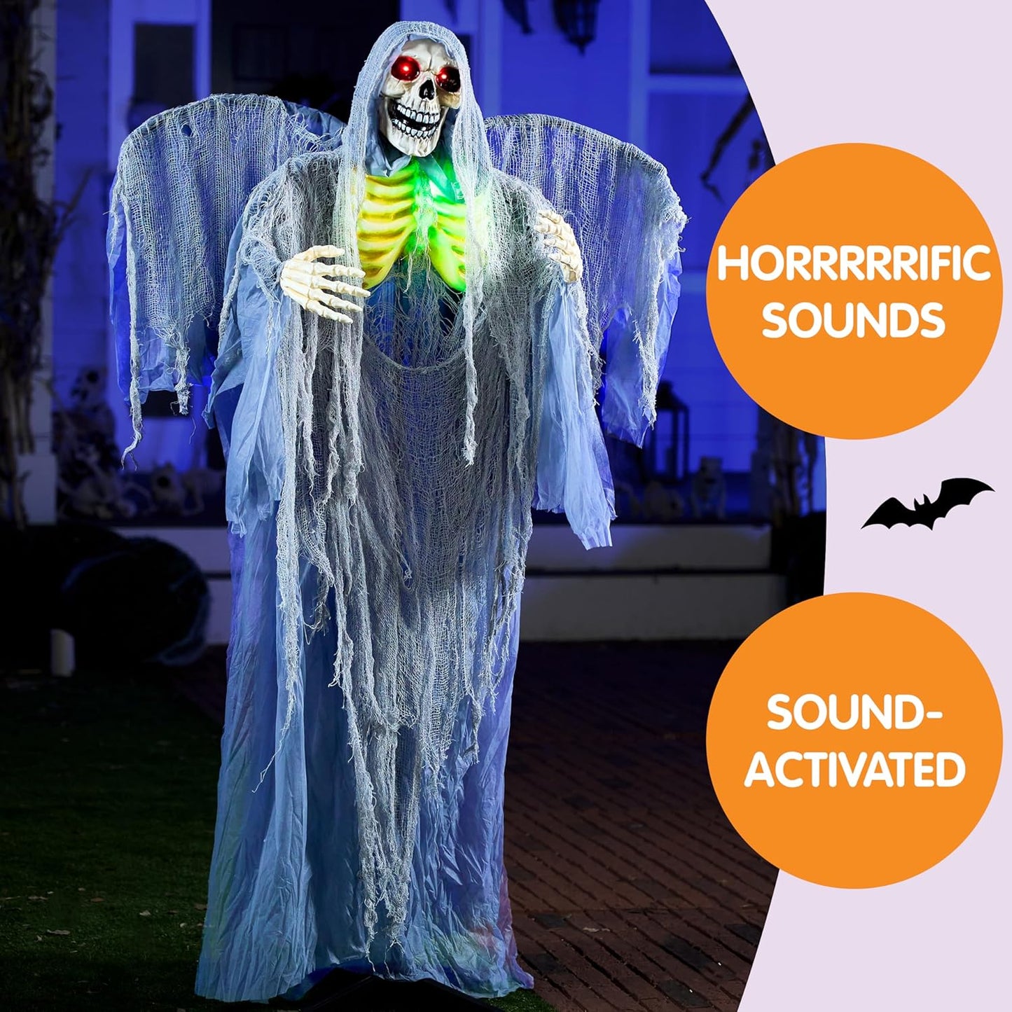 JOYIN 67" Halloween Animatronic Grim Reaper Decoration with Wings, Life Size Standing Animated Ghost with Light-Up Eyes, Creepy Sound, and Movable Body for Halloween Haunted House Decorations