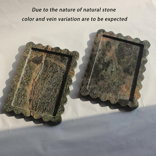 Natural Luxury Scalloped Marble Tray 10.8"x8", Rectangle Vanity Tray for Bathroom Kitchen Counter, Decorative Tray for Dresser Home Decor - Rainforest Green - PuriLite