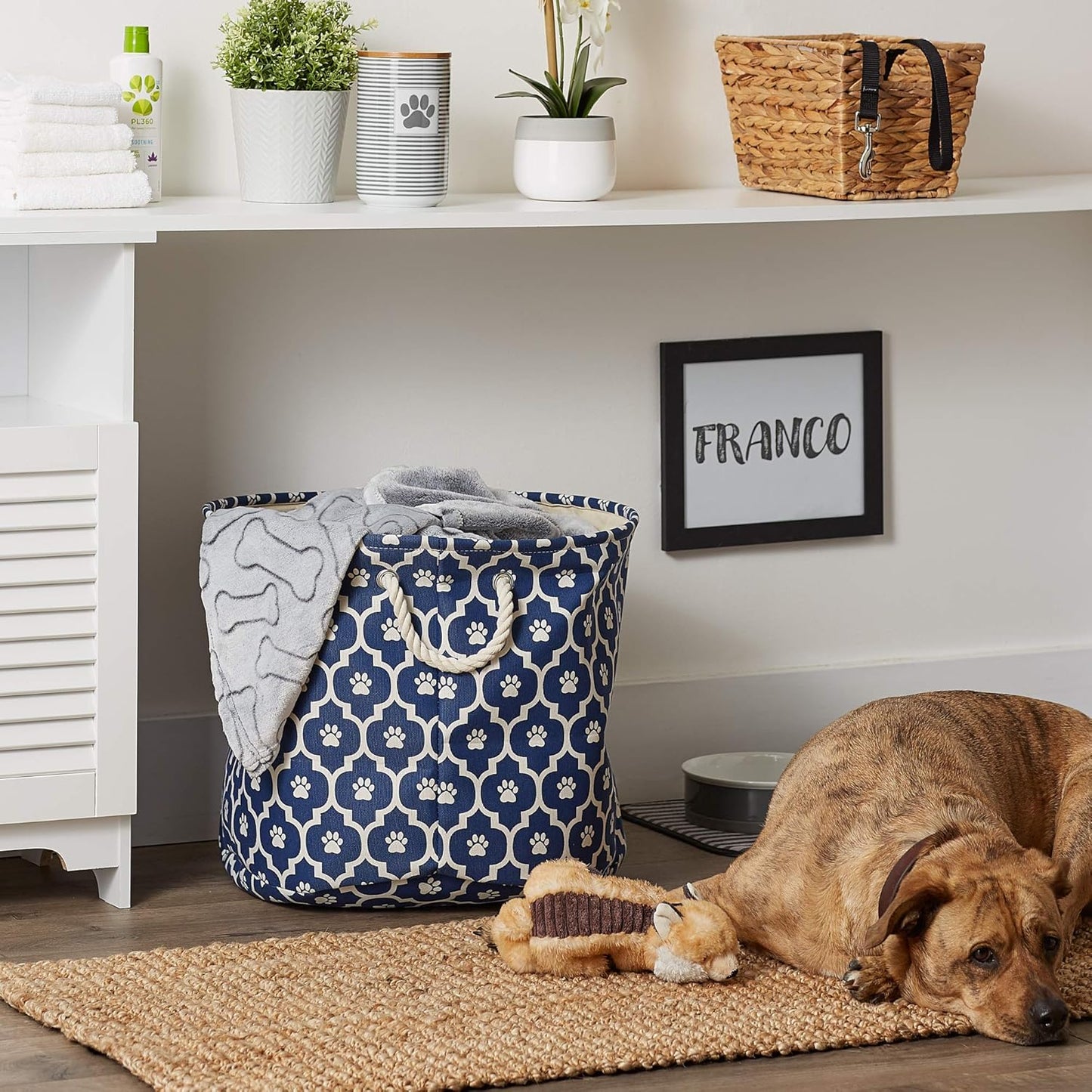 DII Bone Dry RoundSmall Pet Toy and Accessory Storage Bin, 12"(Dia) x9(H), Collapsible Organizer Storage Basket for Home Decor, Pet Toy, Blankets, Leashes and Food-Gray Stripes