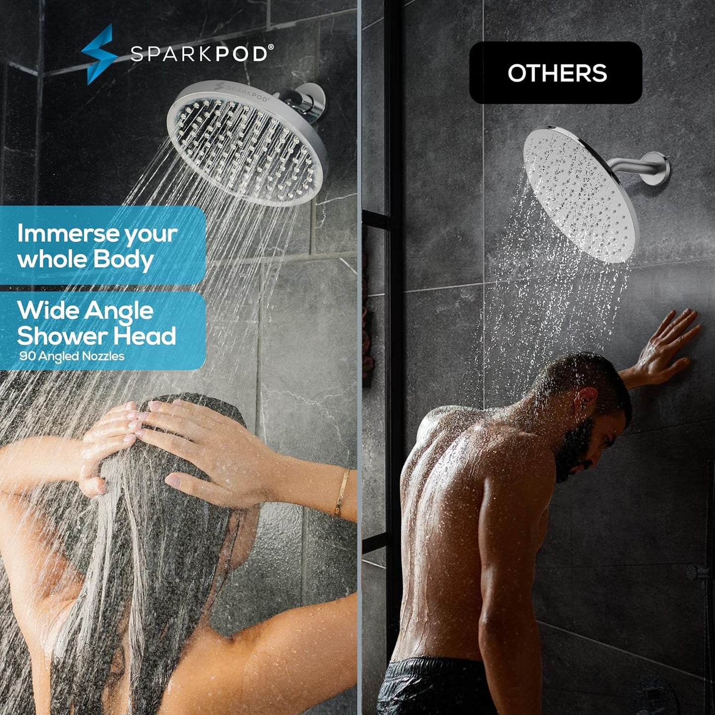 SparkPod Shower Head - High Pressure Rain - Premium Quality Luxury Design - 1-Min Install - Easy Clean Adjustable Replacement for Your Bathroom Shower Heads (Luxury Polished Chrome, 6 Inch Round)