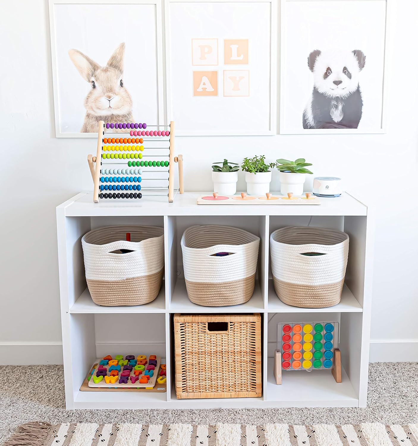 OrganiHaus Soft Woven Baskets for Storage Organization Set of 3, Cotton Rope Nursery Storage Baskets for Shelves, Square Book Bins, Bathroom Towel Hamper, Dog Toy Bins, Panier Rangement - Light Honey