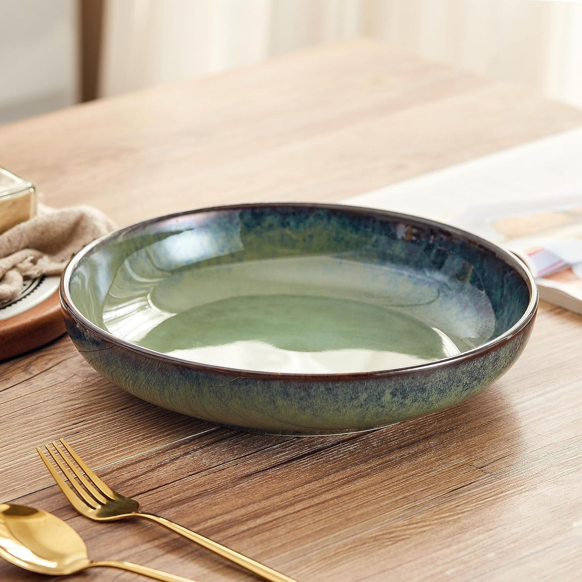 Reactive Glaze Ceramic Serving Pasta Bowl, 10 Inch Large Salad and Mixing Bowl, 50 Ounce Wide Kitchen Bowl for Pasta, Fruit, and Family Meals, Microwave and Dishwasher Safe, Green - PuriLite