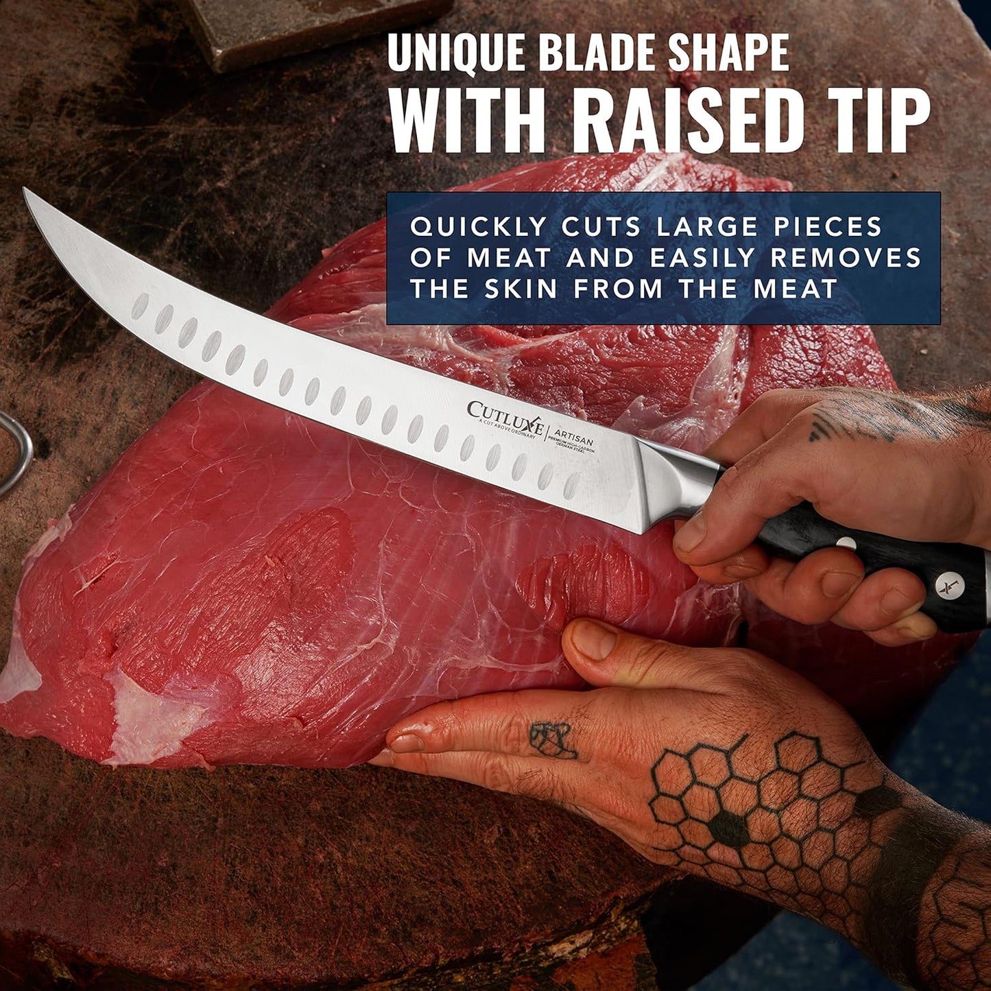 Cutluxe Butcher Knife – 10″ Cimeter Breaking Knife, Razor Sharp Forged High Carbon German Steel, Full Tang Carving Knife, Ergonomic Handle Design – Artisan Series - PuriLite