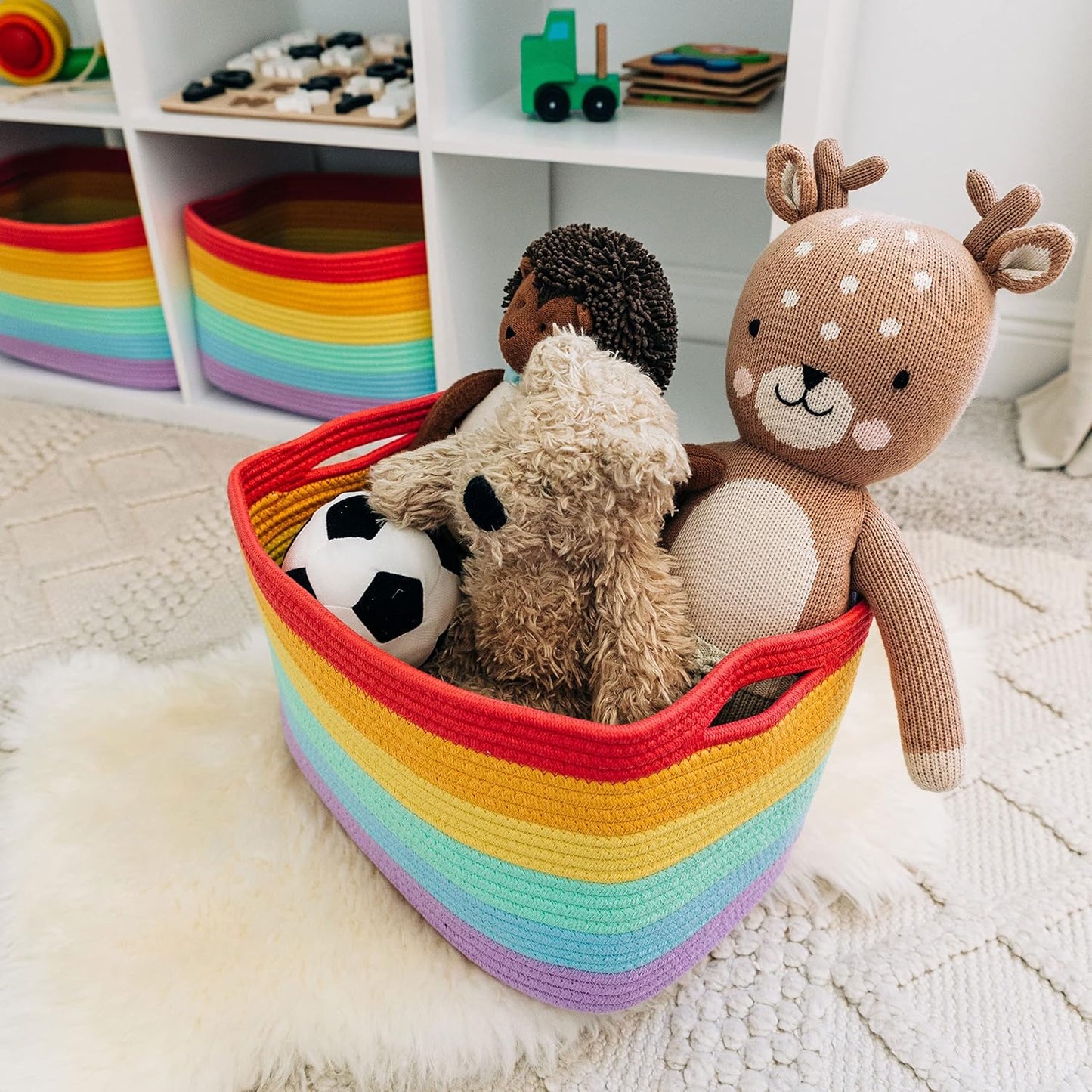 OrganiHaus Soft Woven Baskets for Storage Organization Set of 3, Cotton Rope Nursery Storage Baskets for Shelves, Square Book Bins, Bathroom Towel Hamper, Dog Toy Bins, Panier Rangement - Light Honey