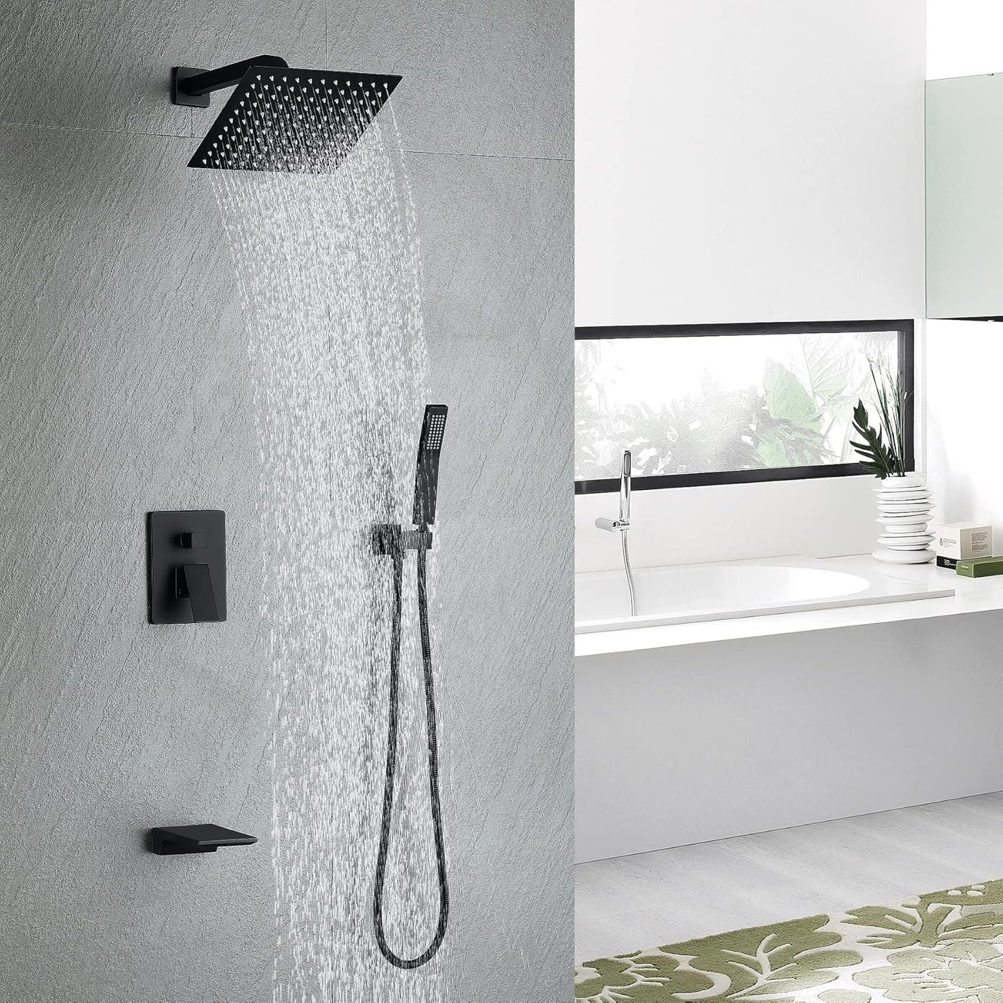 Bathtub Shower System Matte Black Tub Shower Faucet Complete Set with 10 Inch Rain Head with Handheld and Waterfall Shower Faucet Combo