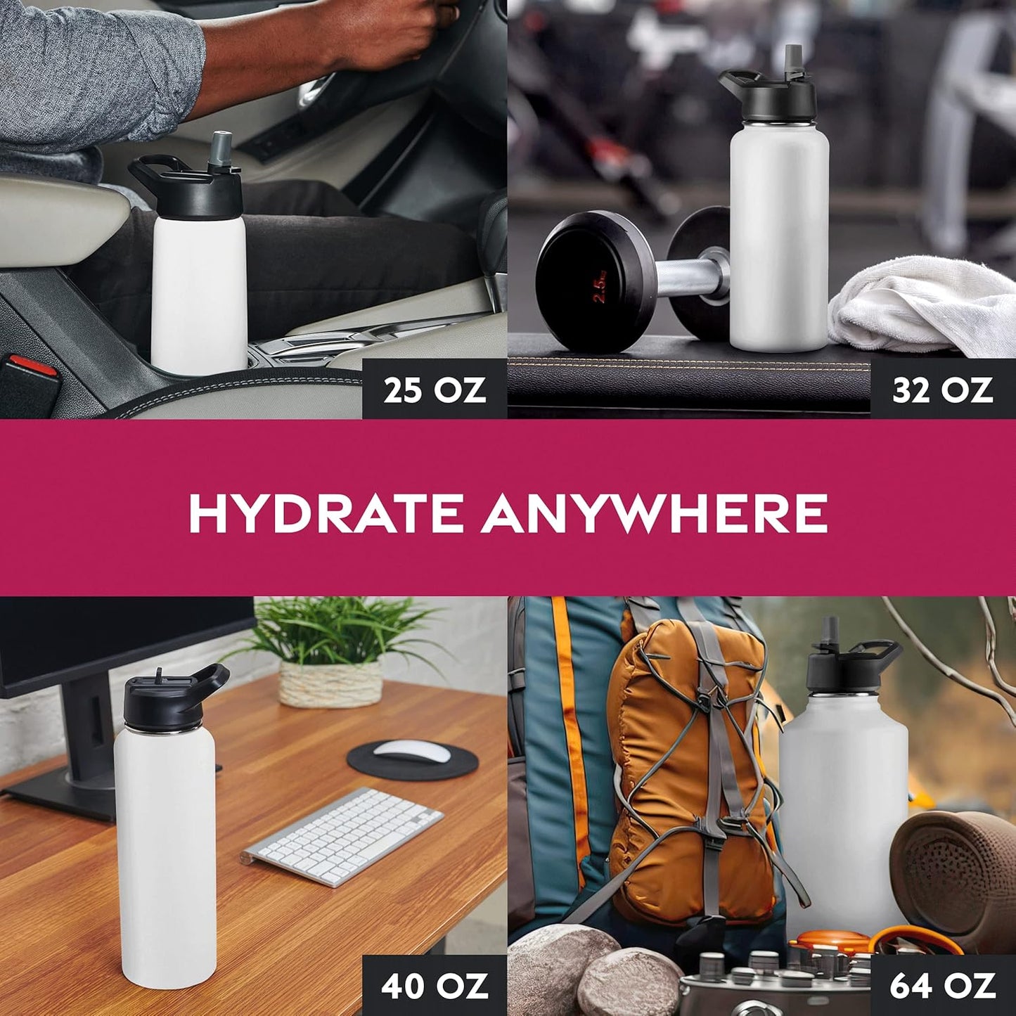 FineDine Water Bottle - Stainless Steel Insulated Water Bottle with Straw Lid, Flip Lid & Wide-Mouth Cap - Keeps Hot and Cold - 25 Oz / 739ml - Pure Pearly White