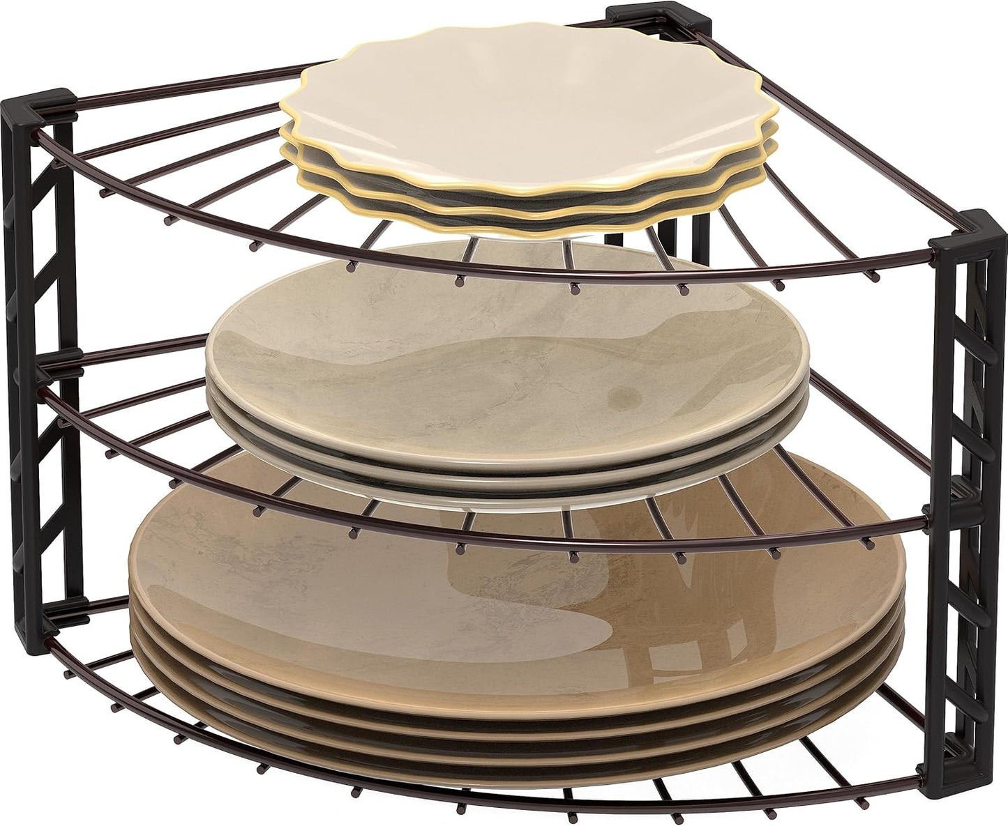 SimpleHouseware 3-Tier Corner Shelf Plate Rack for Counter and Cabinet Organizer, Bronze
