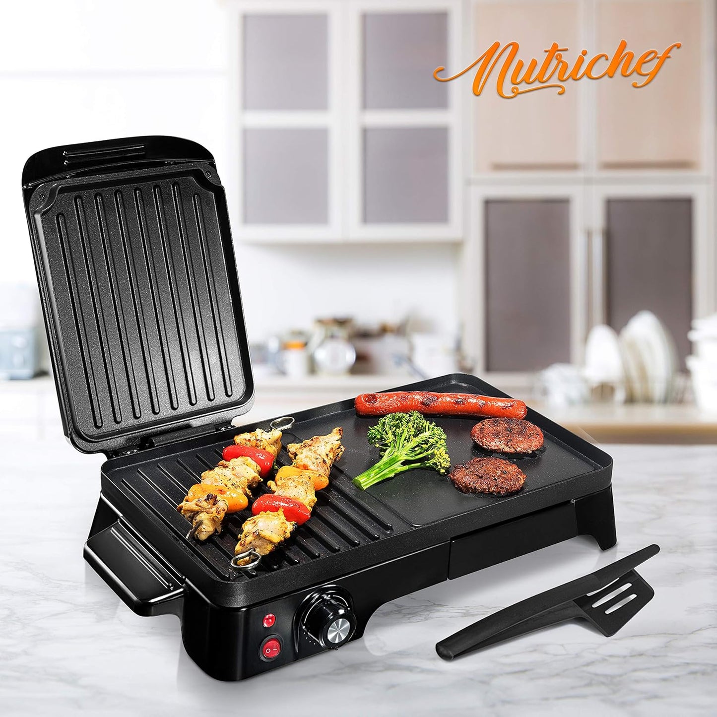 NutriChef Electric Griddle - Dual Hot Plate Cooktop Crepe Maker with Press Grill, Nonstick Coating, Rotary Temperature Control, Plug-in Operation & Oil Tray for Kitchen & Countertop (PKGRIL43)