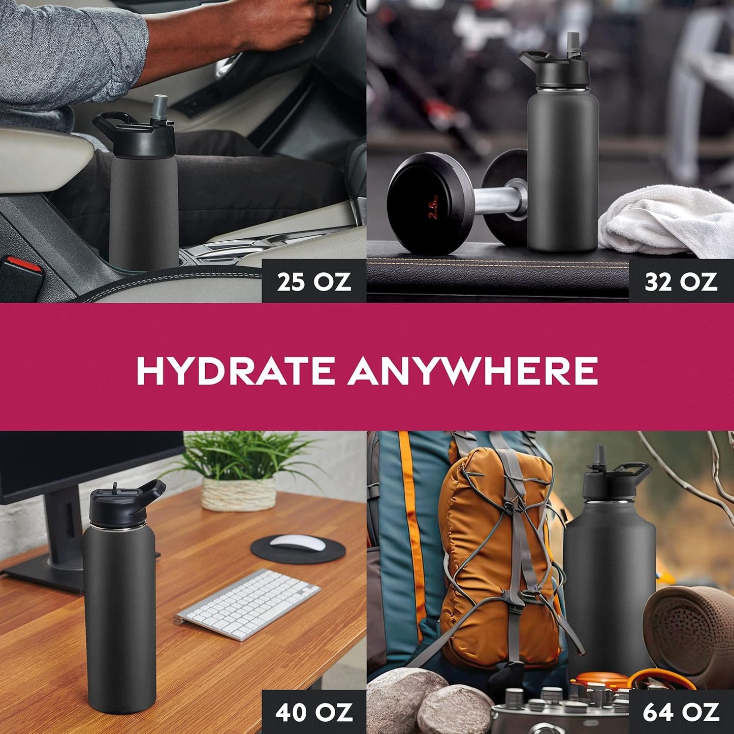 FineDine Water Bottle - Stainless Steel Insulated Water Bottle with Straw Lid, Flip Lid & Wide-Mouth Cap - Keeps Hot and Cold - 25 Oz / 739ml - Pure Pearly White