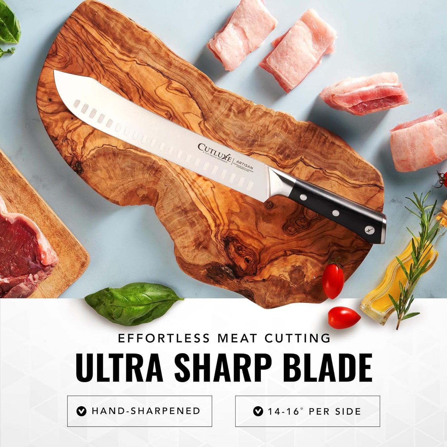 Cutluxe Butcher Knife – 10″ Cimeter Breaking Knife, Razor Sharp Forged High Carbon German Steel, Full Tang Carving Knife, Ergonomic Handle Design – Artisan Series - PuriLite