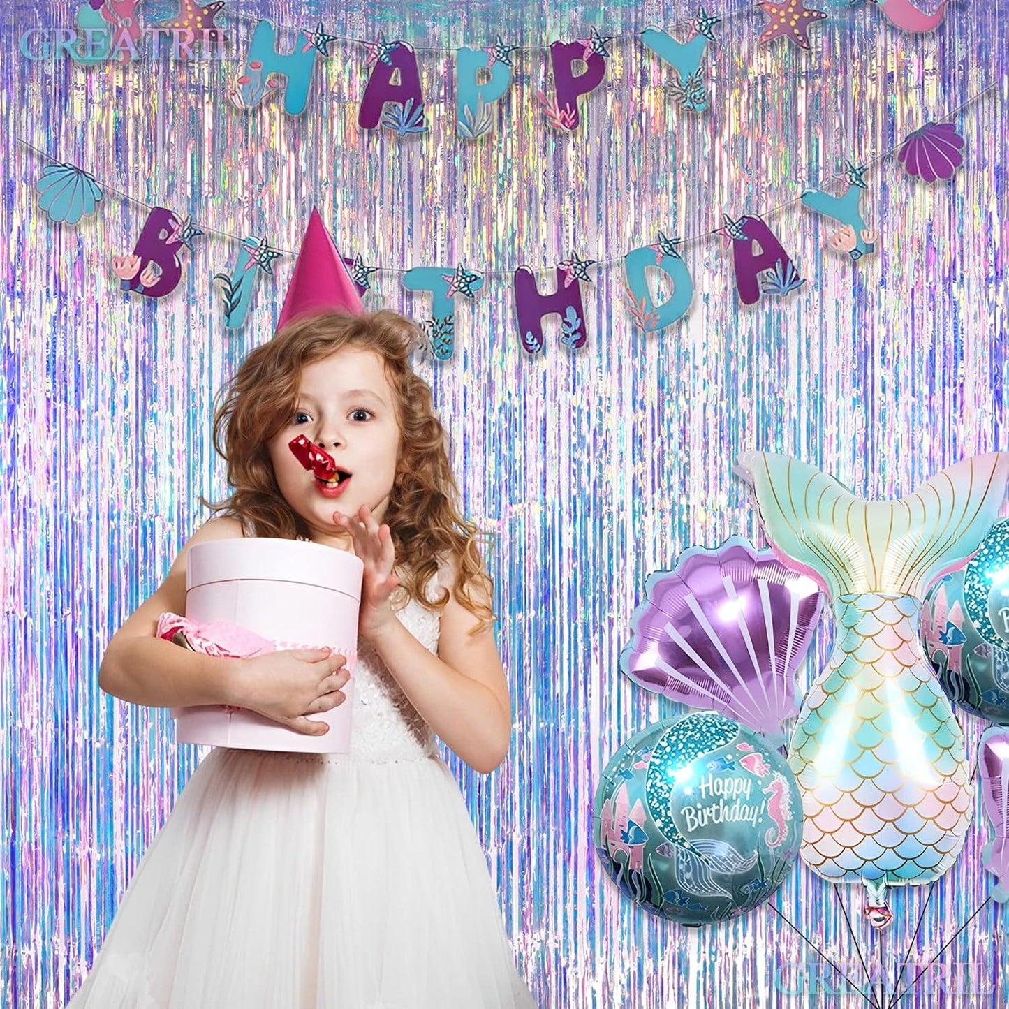 GREATRIL Iridescent Party Tinsel Fringe Backdrop Decorations - Holographic Foil Streamers Curtain for Mermaid/Under The Sea/Frozen/Ocean/Disco/Birthday Themed 3.2ft x 6.5ft - 2 PCS