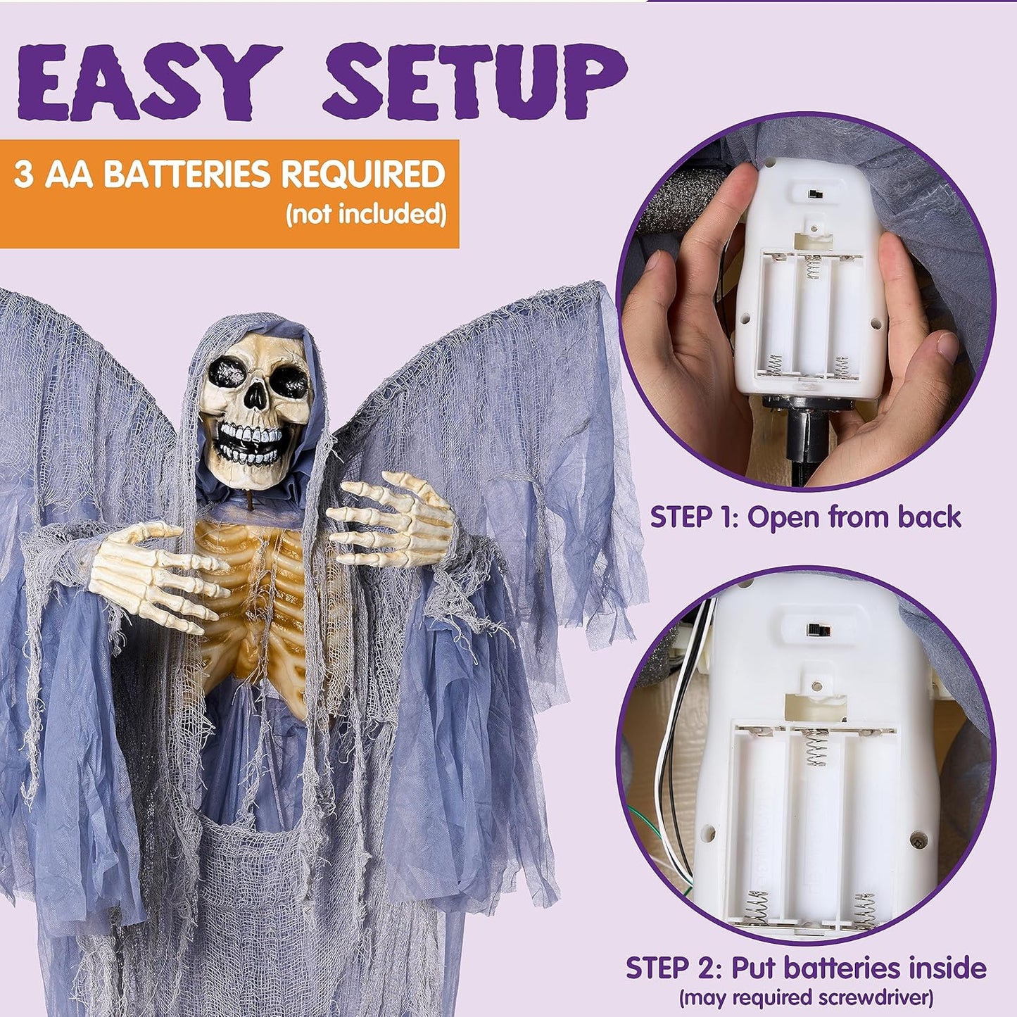 JOYIN 67" Halloween Animatronic Grim Reaper Decoration with Wings, Life Size Standing Animated Ghost with Light-Up Eyes, Creepy Sound, and Movable Body for Halloween Haunted House Decorations