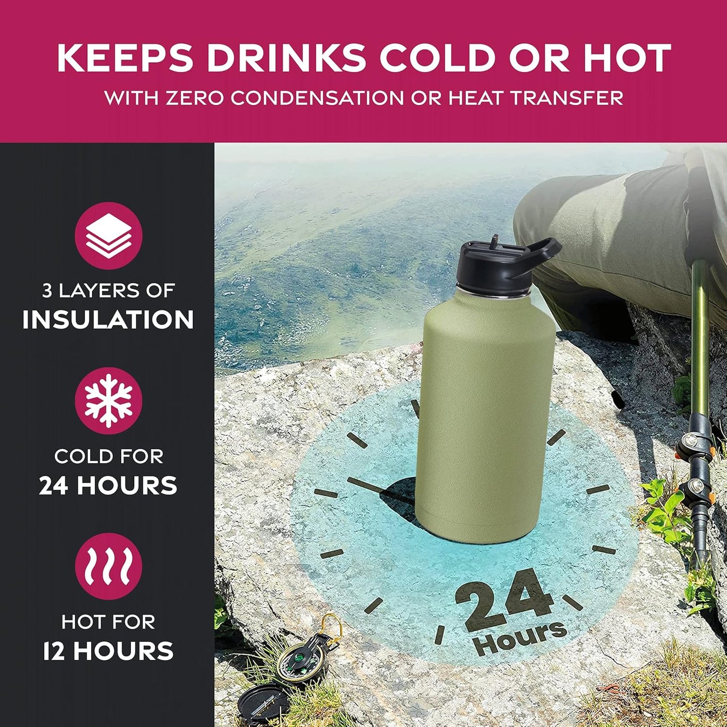 FineDine Water Bottle - Stainless Steel Insulated Water Bottle with Straw Lid, Flip Lid & Wide-Mouth Cap - Keeps Hot and Cold - 25 Oz / 739ml - Pure Pearly White