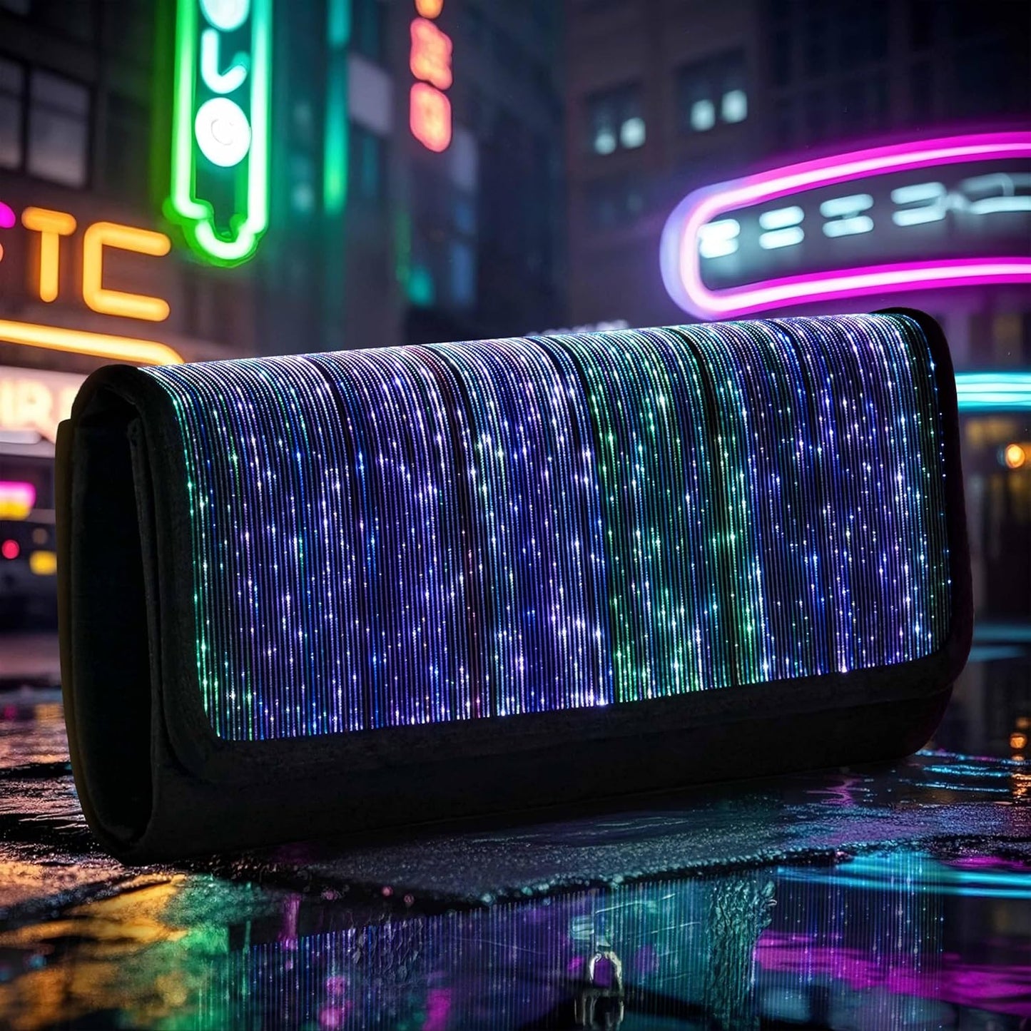Larcenciel Clutch Purse for Women, LED Light Up Purse - 11 Neon Glow Modes, Holographic Evening Bag with Chain Strap, Rechargeable Party Handbag for Prom Disco Club Bar Night Events Weddings (Black)