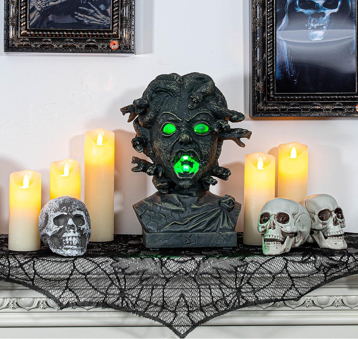 EVAPLUS 12 inch Electronic Animated Medusa Bust,Indoor/Outdoor Halloween Decoration,Creepy Tabletop Decor