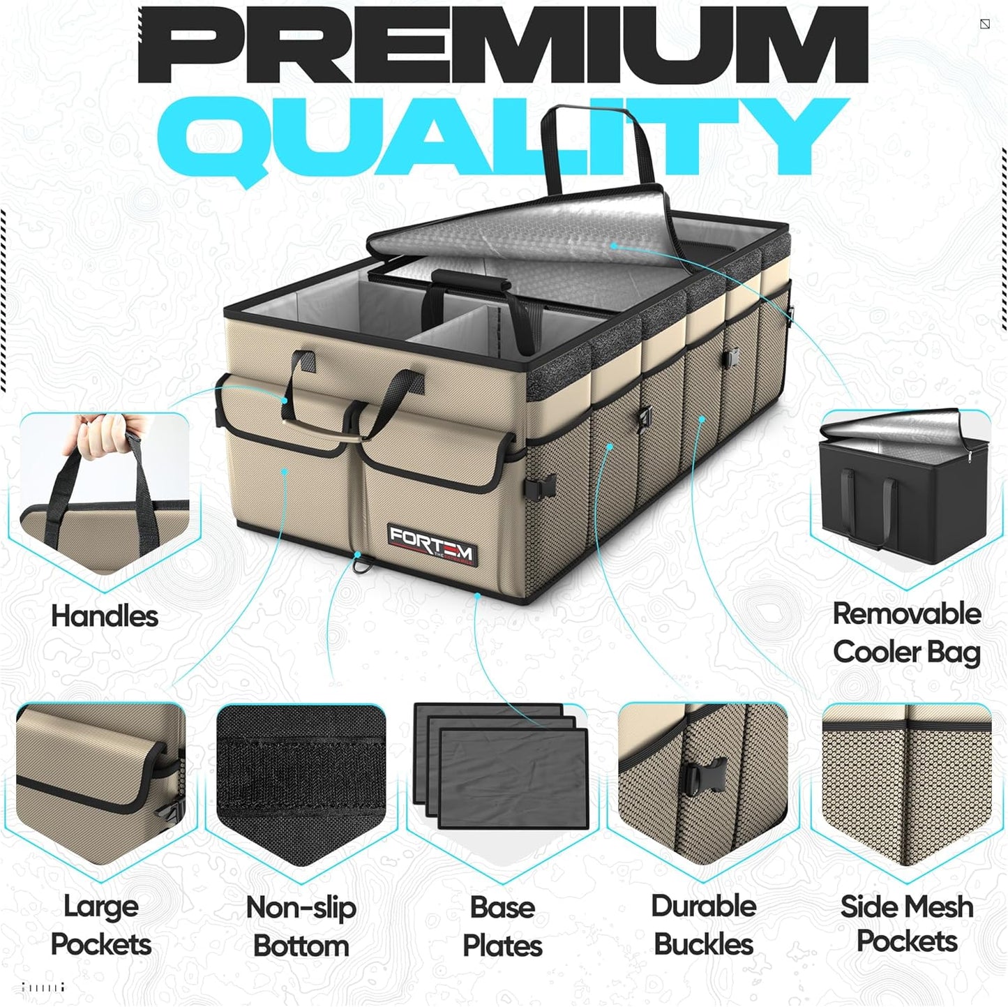 FORTEM Car Trunk Organizer, Collapsible Multi Compartment Car Organizer, Foldable SUV Storage for Car Accessories for Women Men, Non Slip Bottom, Securing Straps, Soft Cover 50L (Black, Standard)