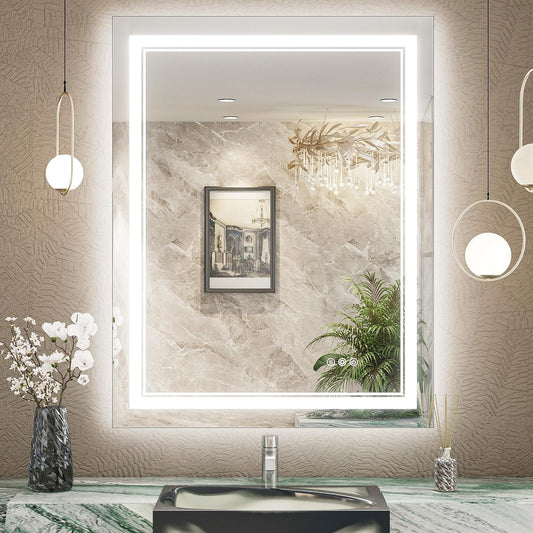 TokeShimi 28x36 Inch Bathroom LED Mirror Front Lighted Backlit Vanity Mirror with Double Light Strip 3 Colors CRI 90+ Anti-Fog Memory Funtion Wall Mount Make up Mirror for Bathroom Decor - PuriLite