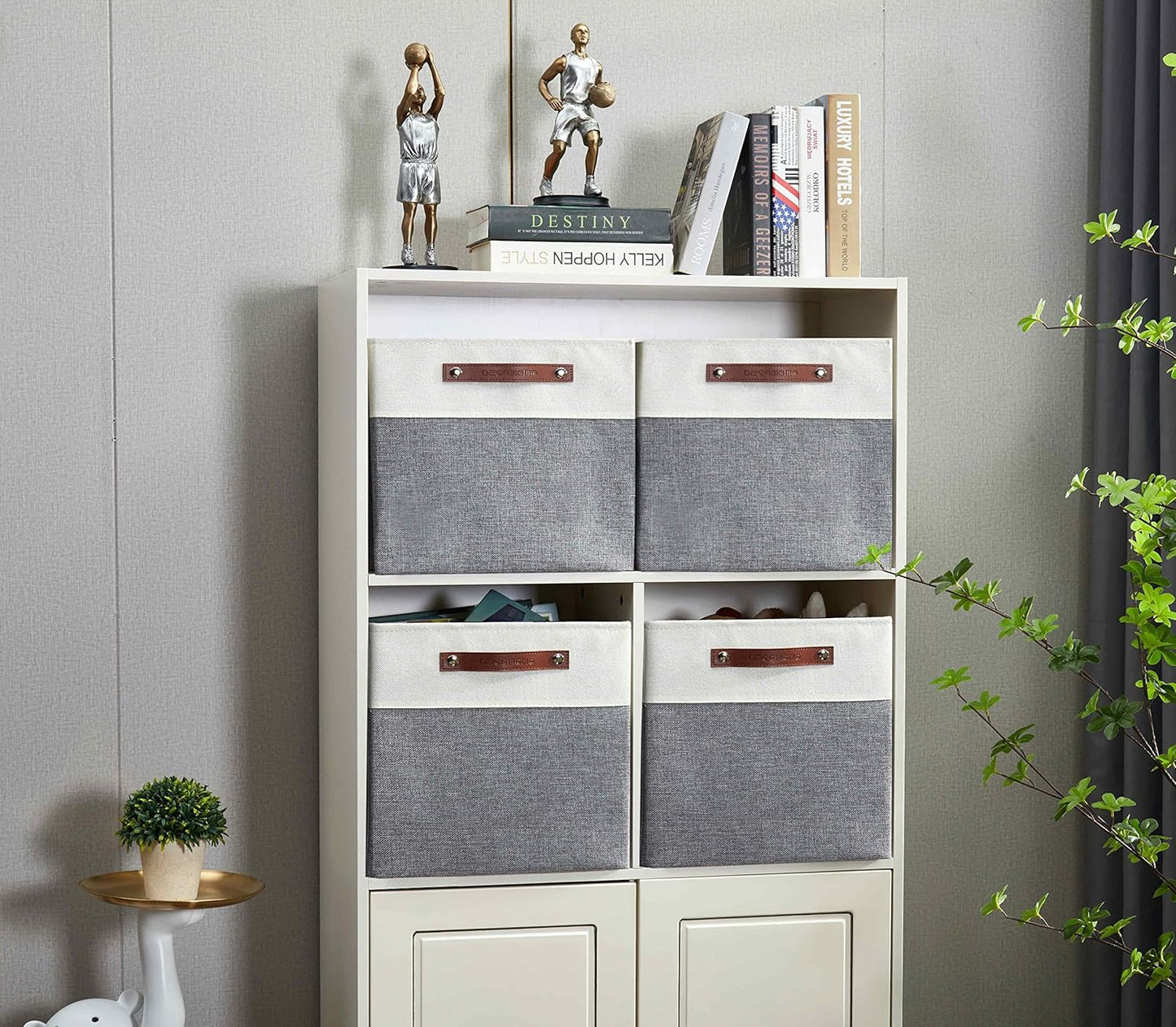 DECOMOMO Fabric Cube Storage Bin - Storage Baskets for Shelves, Kallax (Grey & White, 13 inch Cube) - 4 Pack