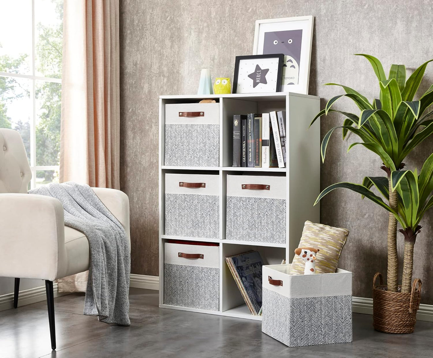 DECOMOMO Fabric Cube Storage Bin - Storage Baskets for Shelves, Kallax (Grey & White, 13 inch Cube) - 4 Pack