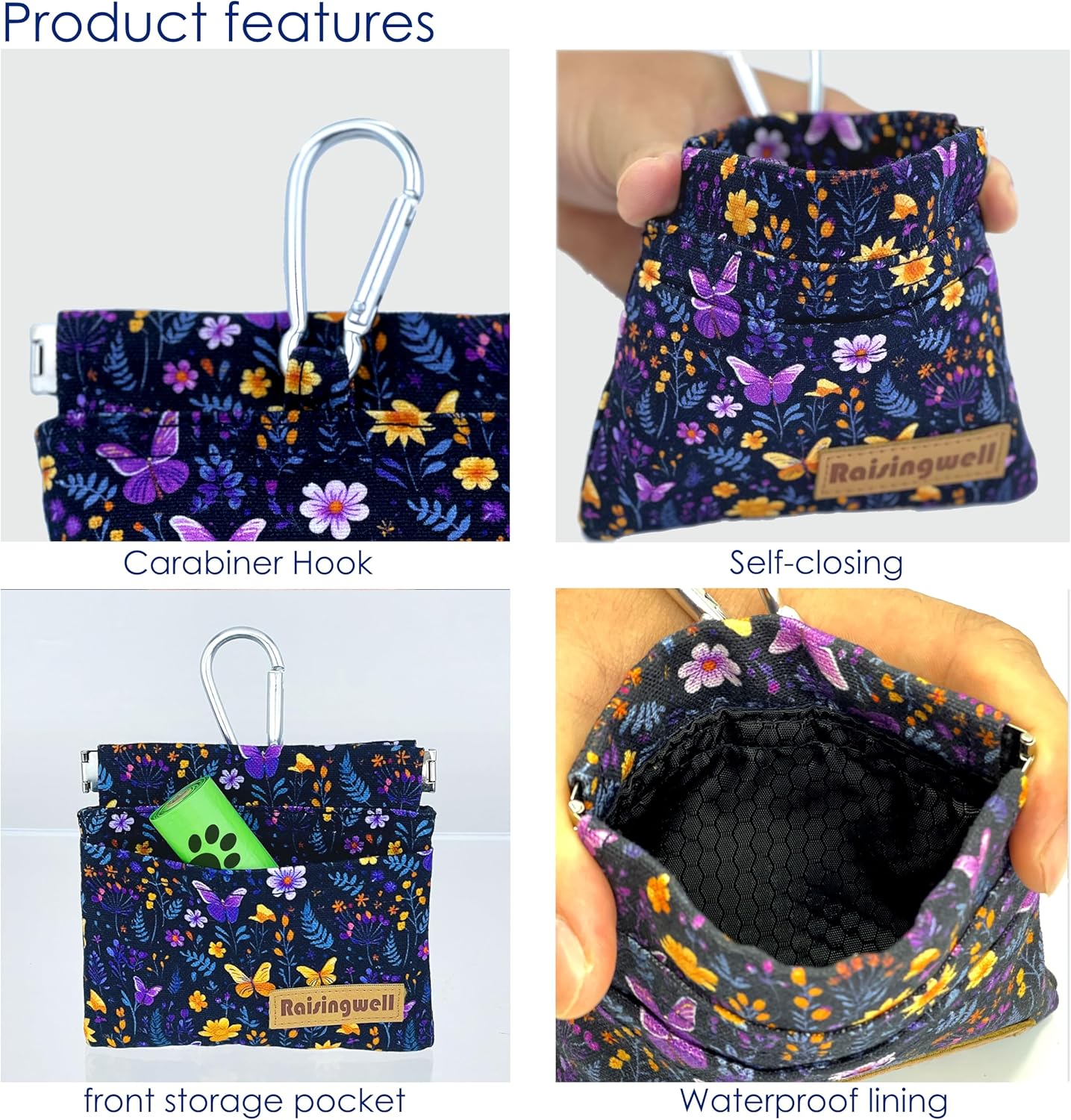 Raisingwell Dog Treat Pouch, Black Pocket Sized Pet Training Pouch, Cotton Fabric, Hand Free Dog Walking Bag with Carabiner, Self-Closing Pet Feed Snack Reward, for Pet Puppy Travel or Outdoor Use - PuriLite