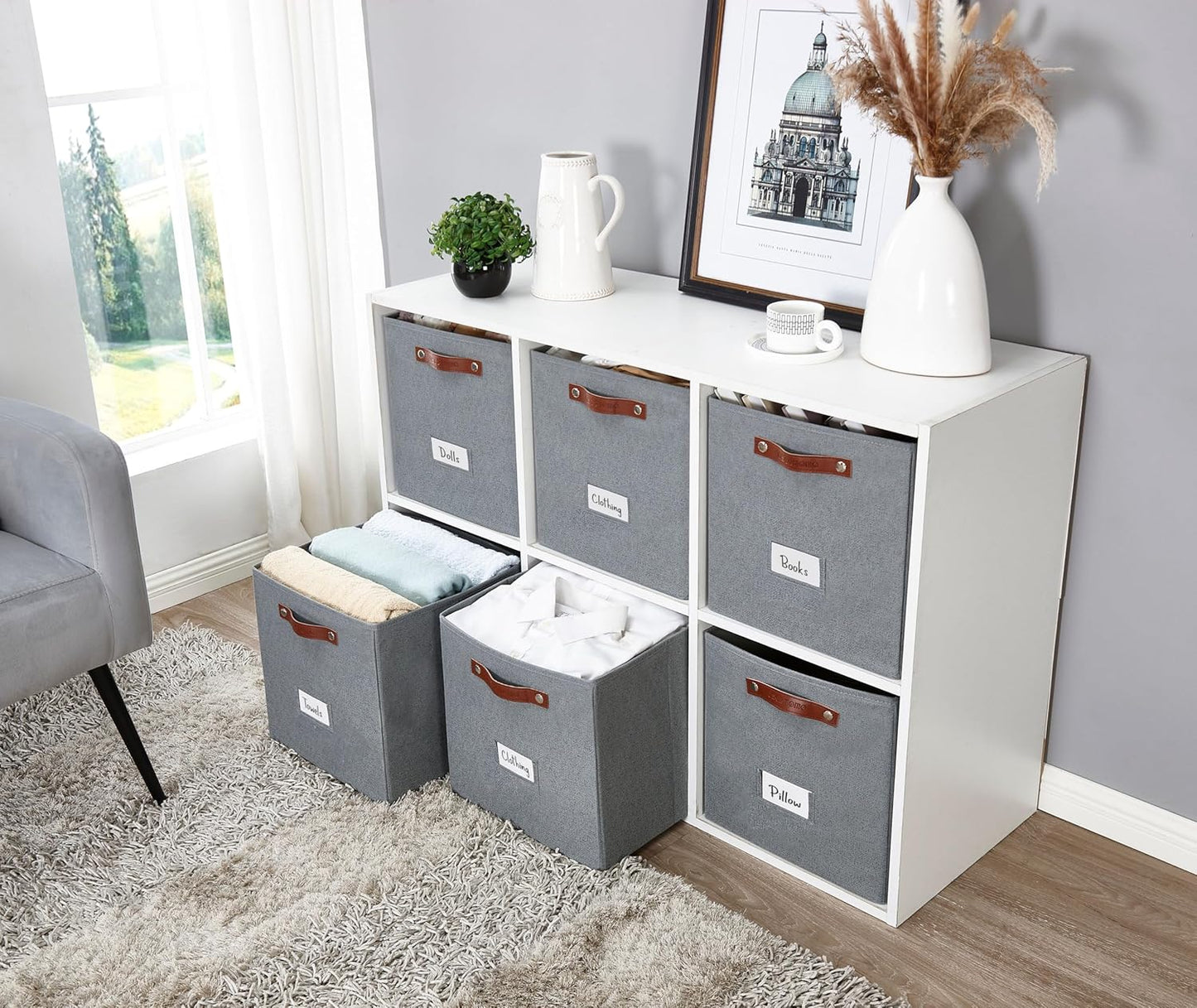 DECOMOMO Cube Storage Bin, Storage Cubes with Labels, Baskets for Shelves Kallax Linen Closet Organizers (Cube 10.5x11"/ 6pcs, Black)