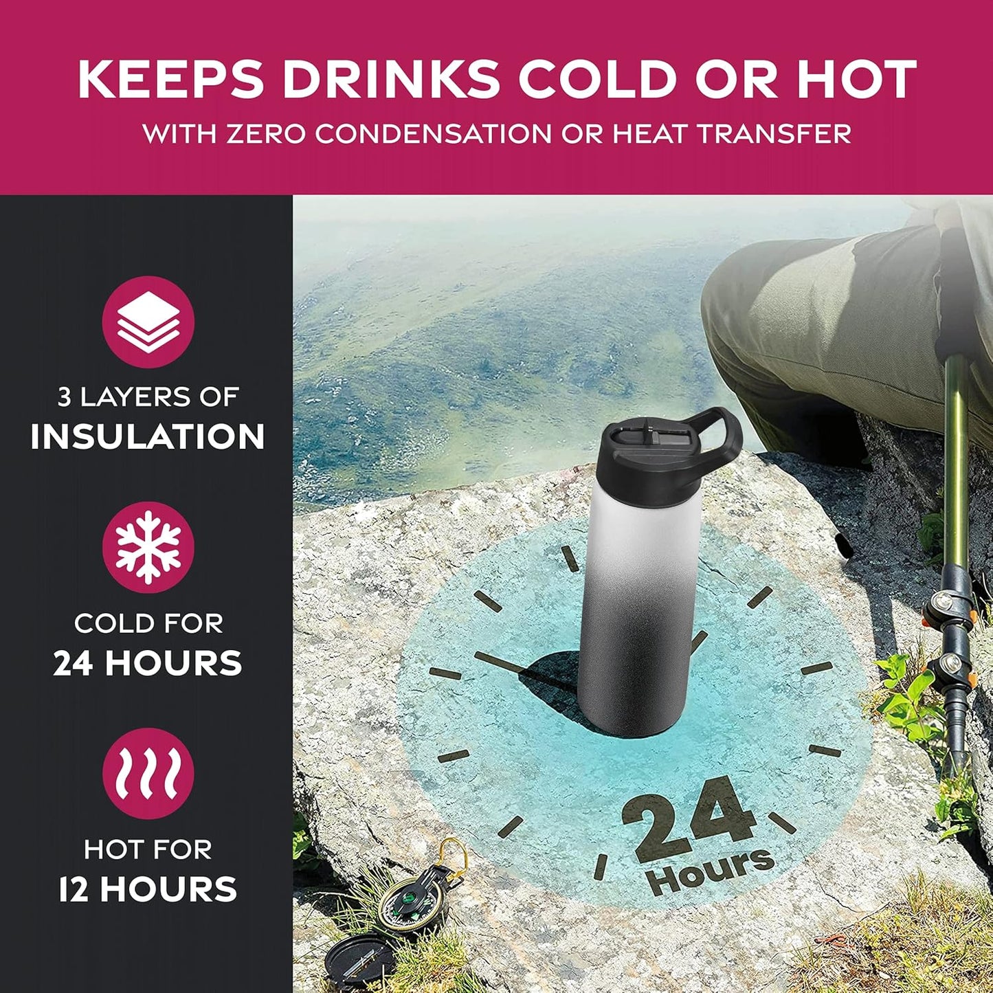 FineDine Water Bottle - Stainless Steel Insulated Water Bottle with Straw Lid, Flip Lid & Wide-Mouth Cap - Keeps Hot and Cold - 25 Oz / 739ml - Pure Pearly White
