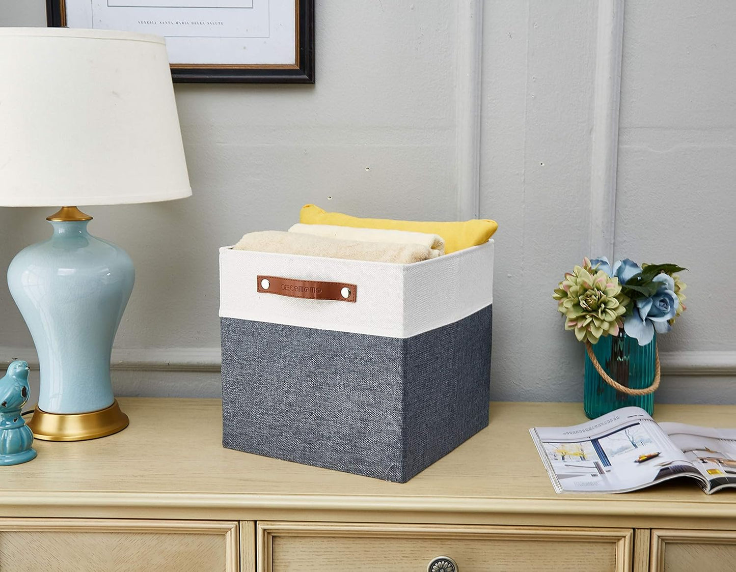DECOMOMO Fabric Cube Storage Bin - Storage Baskets for Shelves, Kallax (Grey & White, 13 inch Cube) - 4 Pack