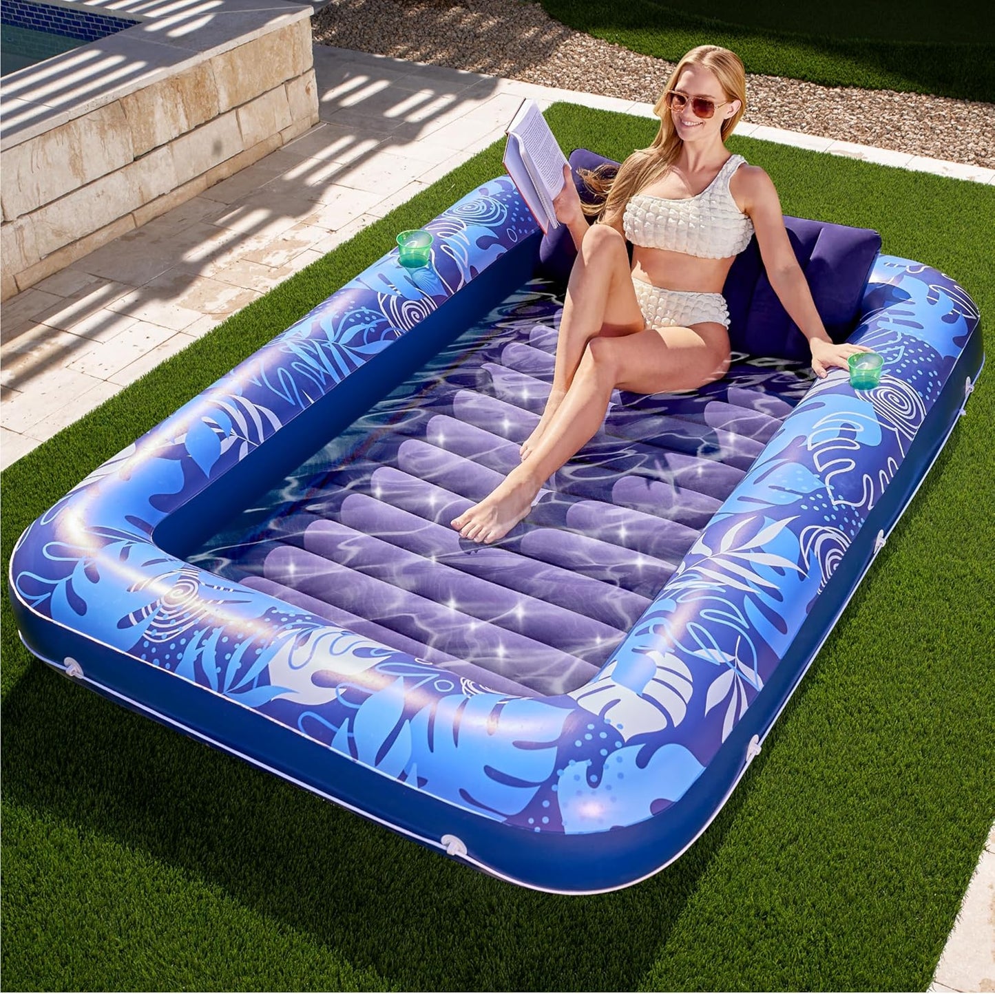 Sloosh Inflatable Tanning Pool Lounger Float-XL, 85" x 57" Extra Large Suntan Sun Tan tub for Adults, Bed Blow up, Raft Lounge Floatie, XL-Blue