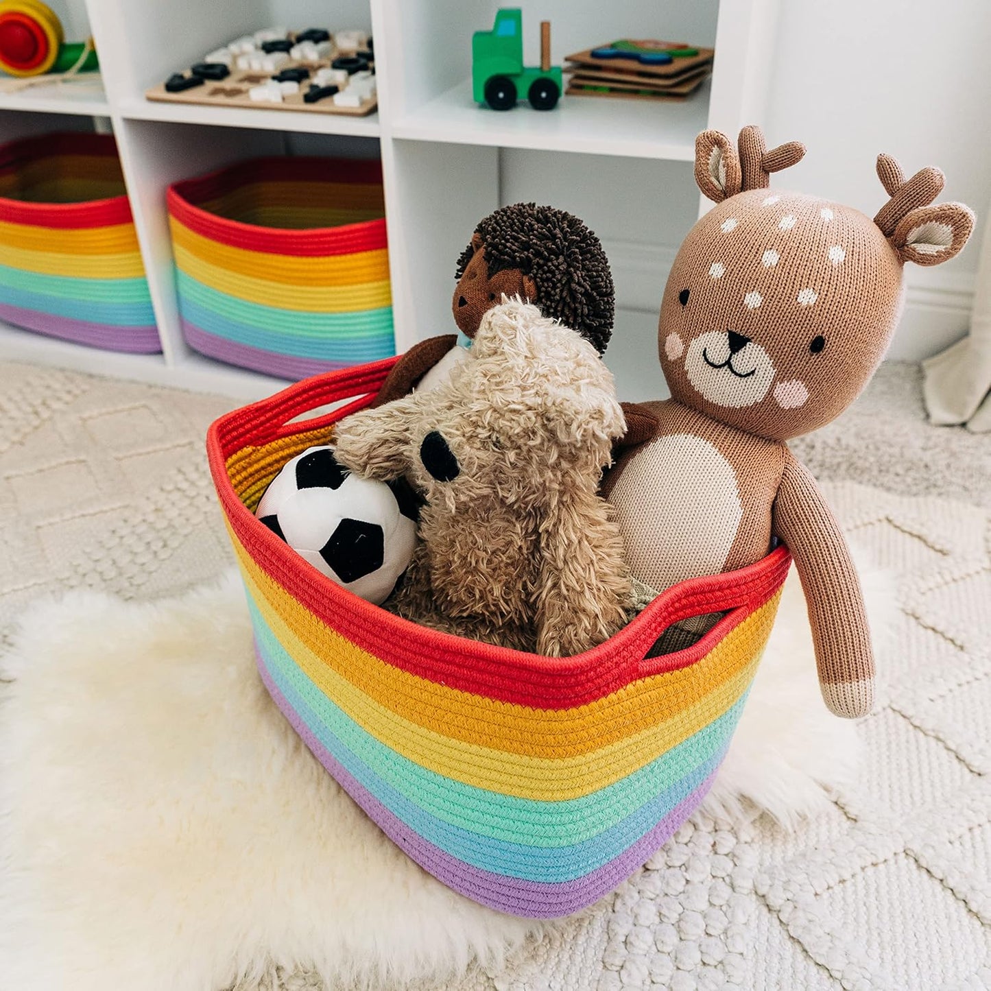 OrganiHaus Soft Woven Baskets for Storage Organization Set of 3, Cotton Rope Nursery Storage Baskets for Shelves, Square Book Bins, Bathroom Towel Hamper, Dog Toy Bins, Panier Rangement - Light Honey