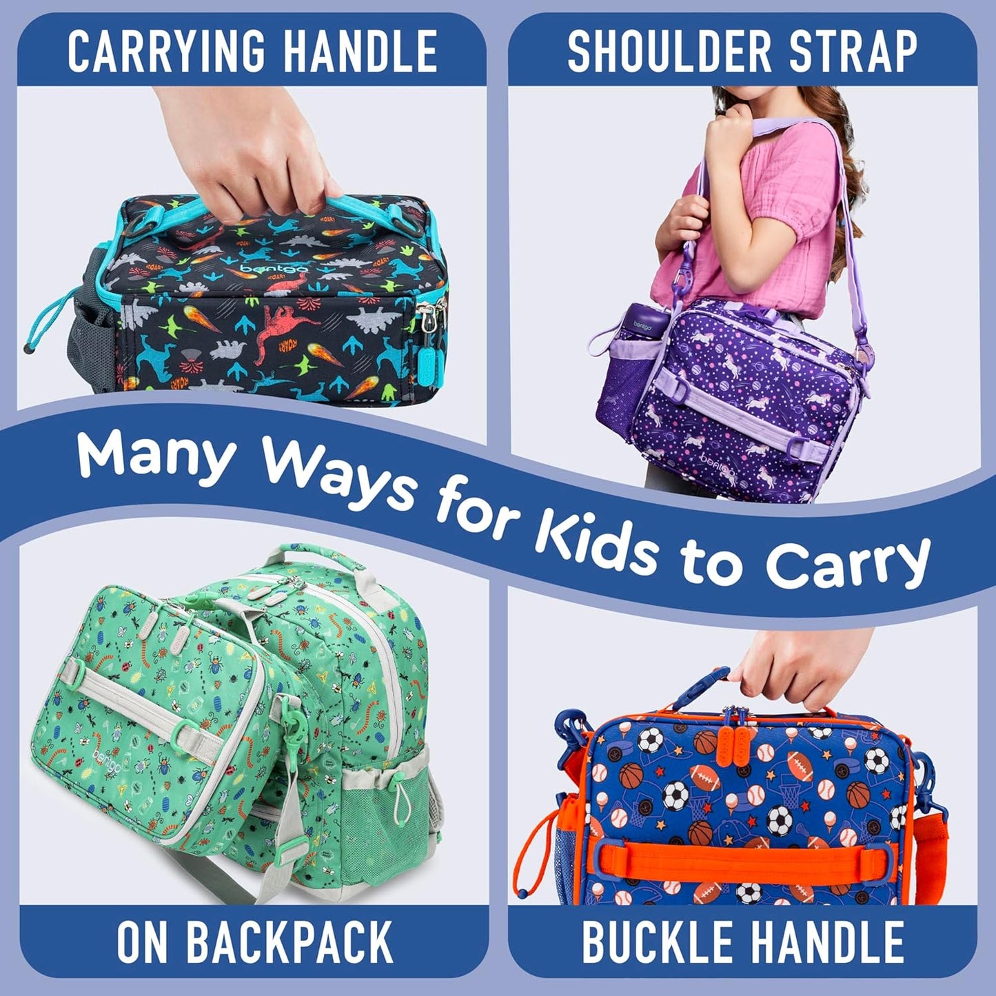 Bentgo® Kids Lunch Bag - Durable, Double Insulated, Water-Resistant Fabric, Interior & Exterior Zippered Pockets, Water Bottle Holder - Ideal for Children 3+ (Shark)
