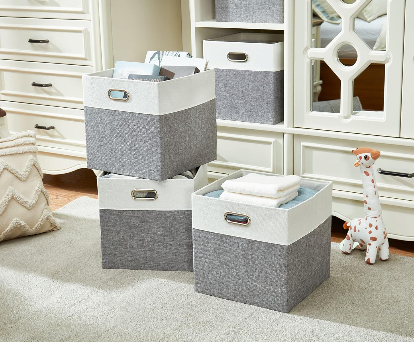 DECOMOMO Fabric Cube Storage Bin - Storage Baskets for Shelves, Kallax (Grey & White, 13 inch Cube) - 4 Pack