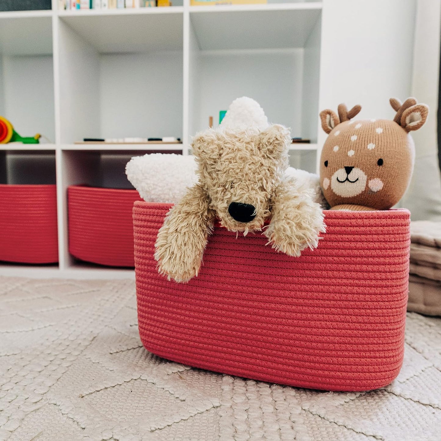 OrganiHaus Soft Woven Baskets for Storage Organization Set of 3, Cotton Rope Nursery Storage Baskets for Shelves, Square Book Bins, Bathroom Towel Hamper, Dog Toy Bins, Panier Rangement - Light Honey
