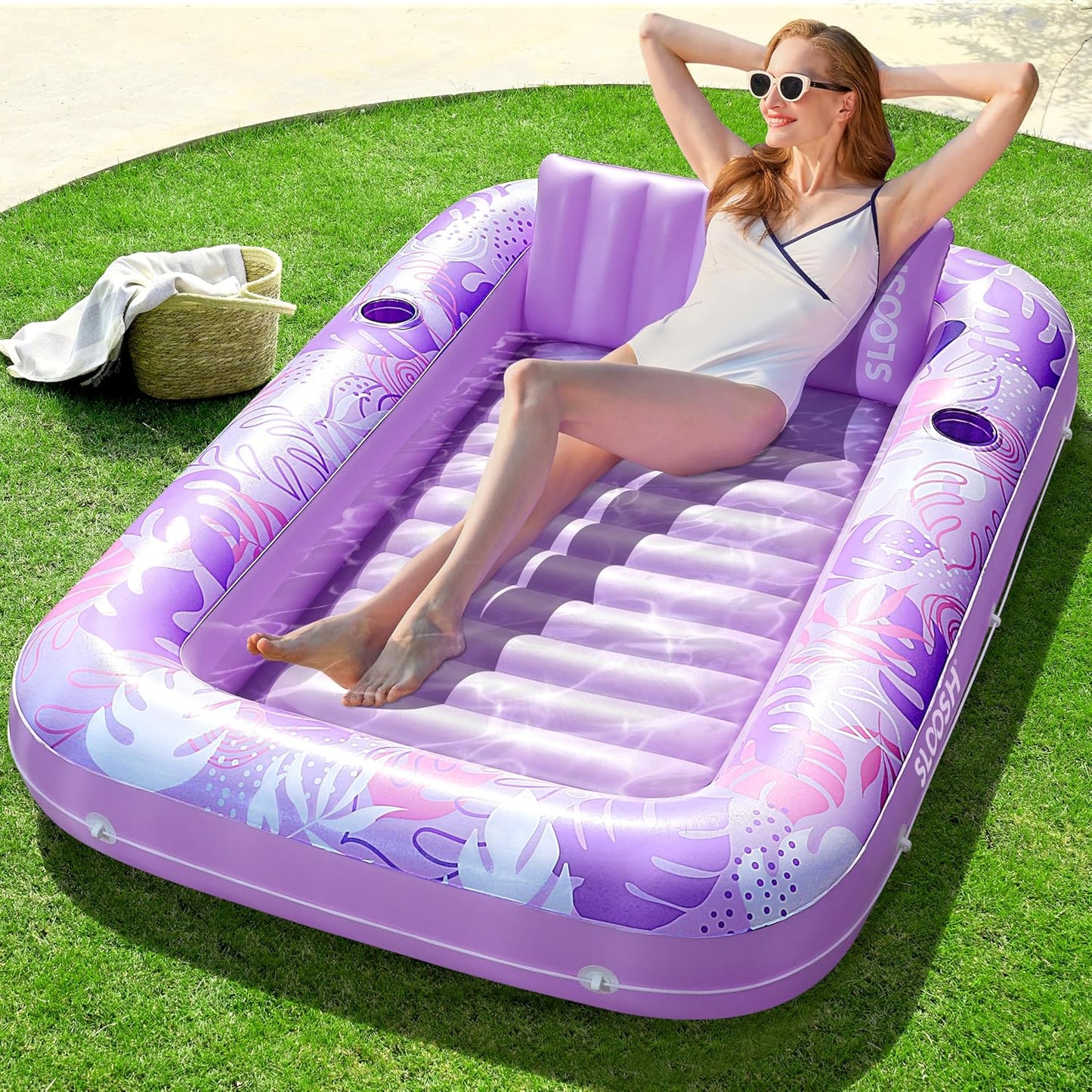Sloosh Inflatable Tanning Pool Lounger Float-XL, 85" x 57" Extra Large Suntan Sun Tan tub for Adults, Bed Blow up, Raft Lounge Floatie, XL-Blue
