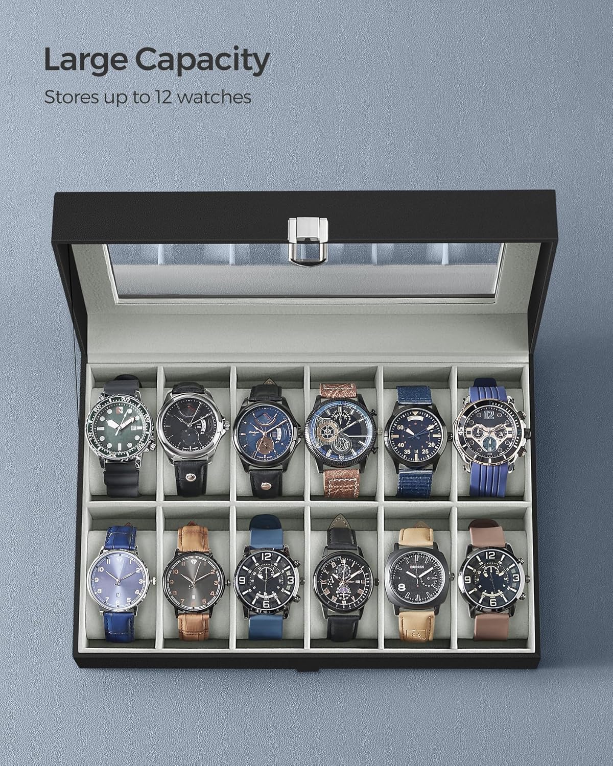 SONGMICS Watch Box, 6-Slot Watch Case, Watch Box Organizer, Black Synthetic Leather, Greenish Gray Lining UJWB06BK