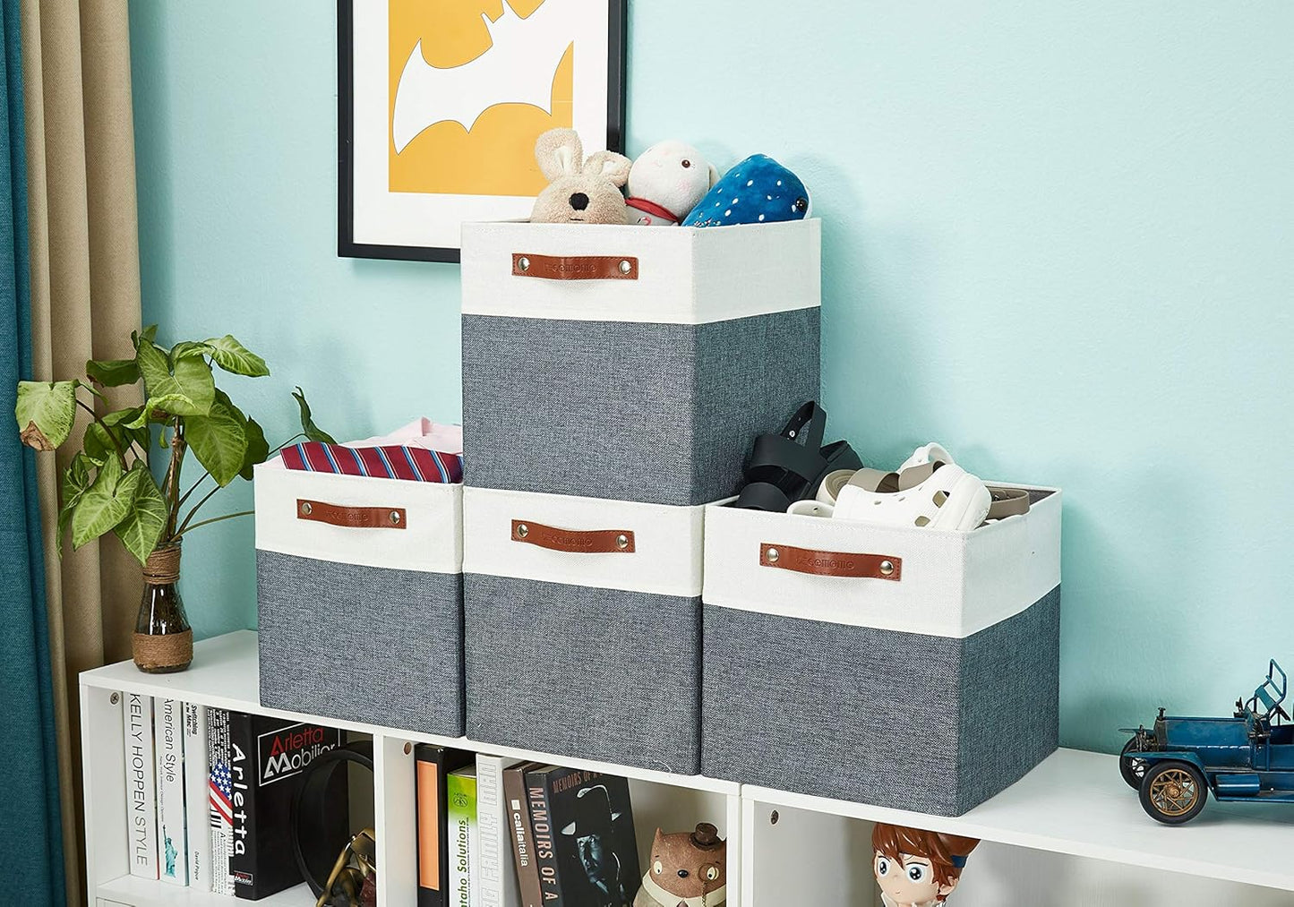 DECOMOMO Fabric Cube Storage Bin - Storage Baskets for Shelves, Kallax (Grey & White, 13 inch Cube) - 4 Pack