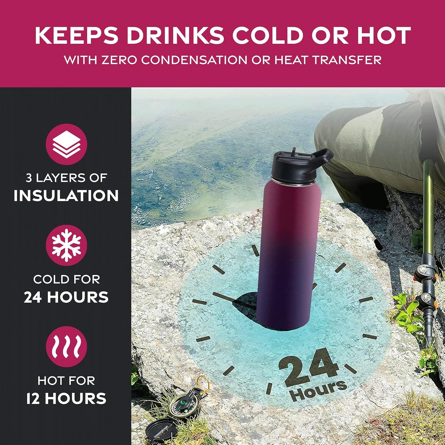 FineDine Water Bottle - Stainless Steel Insulated Water Bottle with Straw Lid, Flip Lid & Wide-Mouth Cap - Keeps Hot and Cold - 25 Oz / 739ml - Pure Pearly White