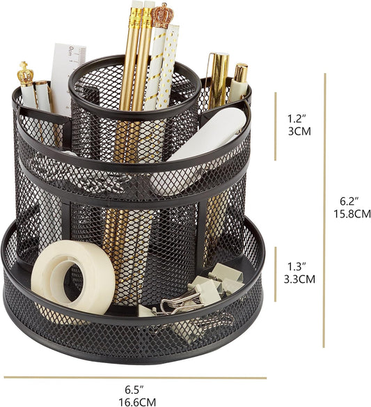 360 Degree Rotating Mesh Desk Organizer, Round Metal Pen Holder with 6 Compartments for Office, Classroom, Art Supplies and Home Storage