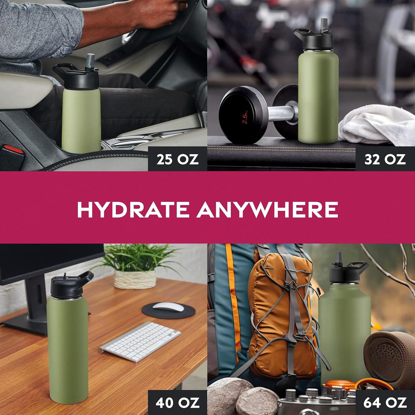 FineDine Water Bottle - Stainless Steel Insulated Water Bottle with Straw Lid, Flip Lid & Wide-Mouth Cap - Keeps Hot and Cold - 25 Oz / 739ml - Pure Pearly White