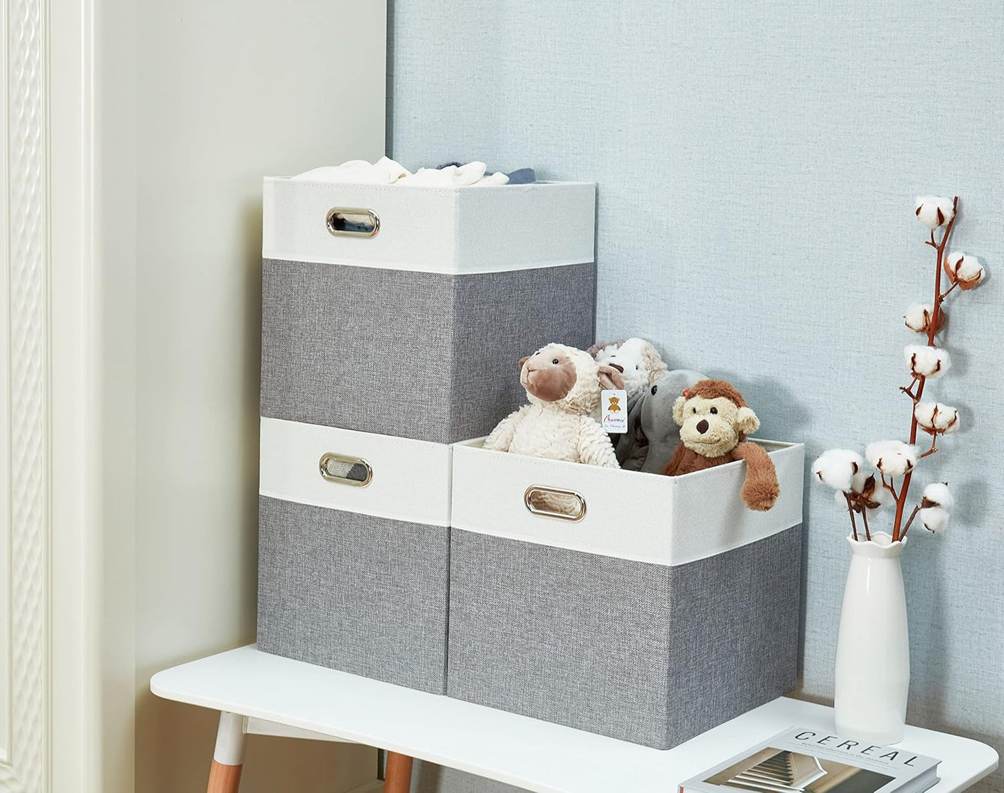 DECOMOMO Fabric Cube Storage Bin - Storage Baskets for Shelves, Kallax (Grey & White, 13 inch Cube) - 4 Pack