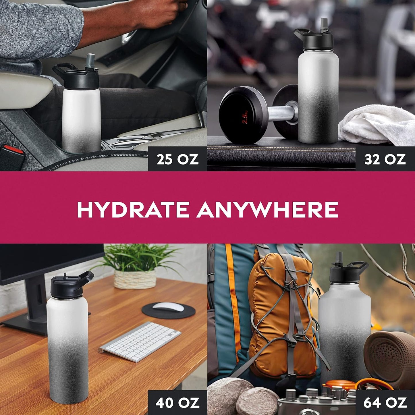 FineDine Water Bottle - Stainless Steel Insulated Water Bottle with Straw Lid, Flip Lid & Wide-Mouth Cap - Keeps Hot and Cold - 25 Oz / 739ml - Pure Pearly White