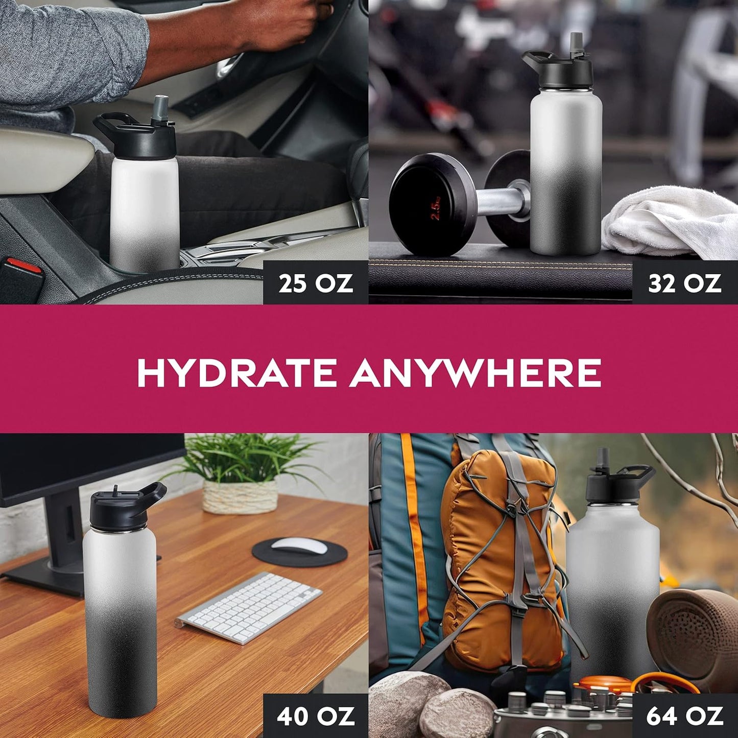 FineDine Water Bottle - Stainless Steel Insulated Water Bottle with Straw Lid, Flip Lid & Wide-Mouth Cap - Keeps Hot and Cold - 25 Oz / 739ml - Pure Pearly White