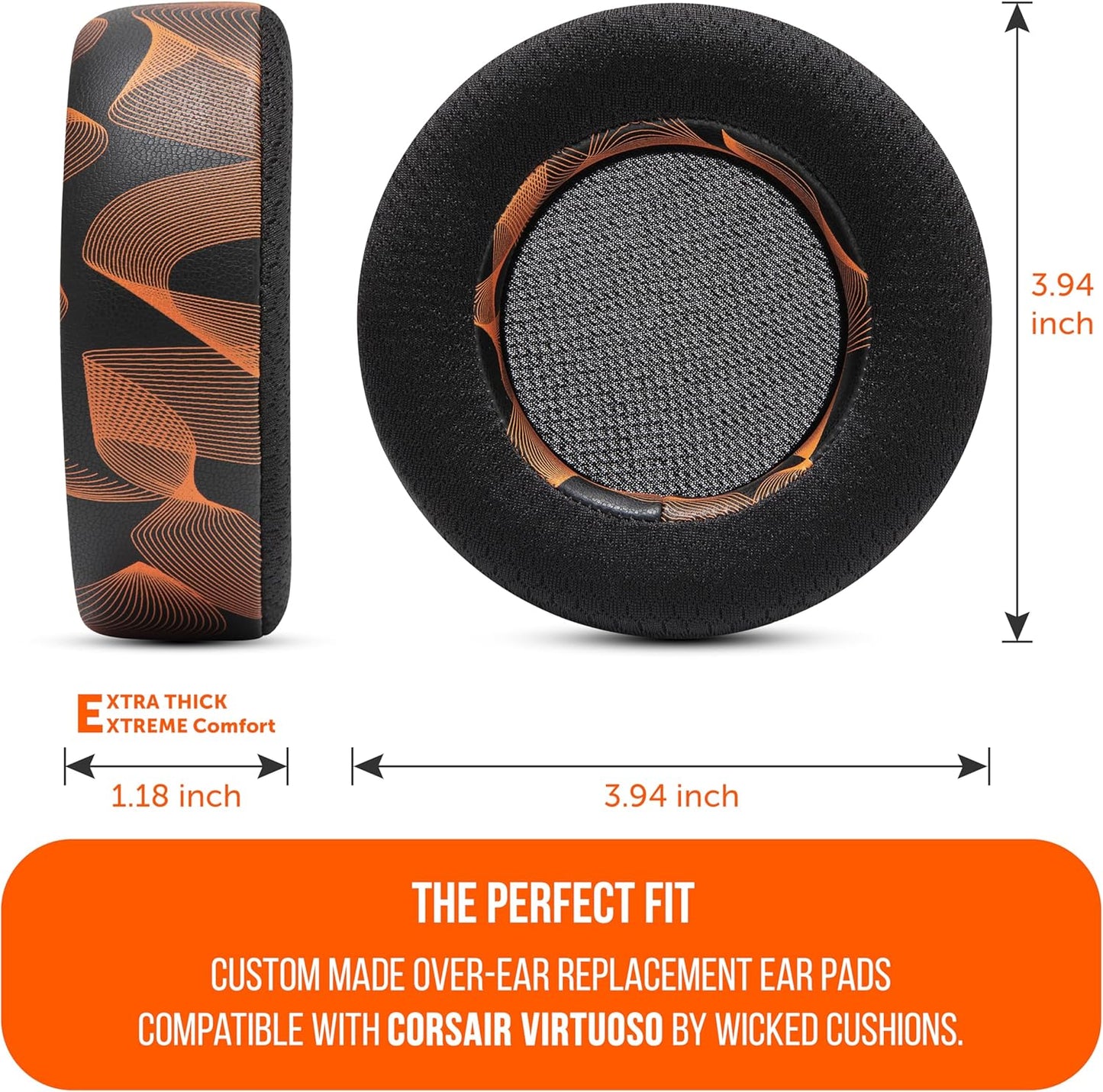WC Freeze Virtuoso - Hybrid Fabric Cooling Gel Replacement Earpads for Corsair Virtuoso Gaming Headset, Made by Wicked Cushions, Improved Durability, Thickness and Sound Isolation |90s Black