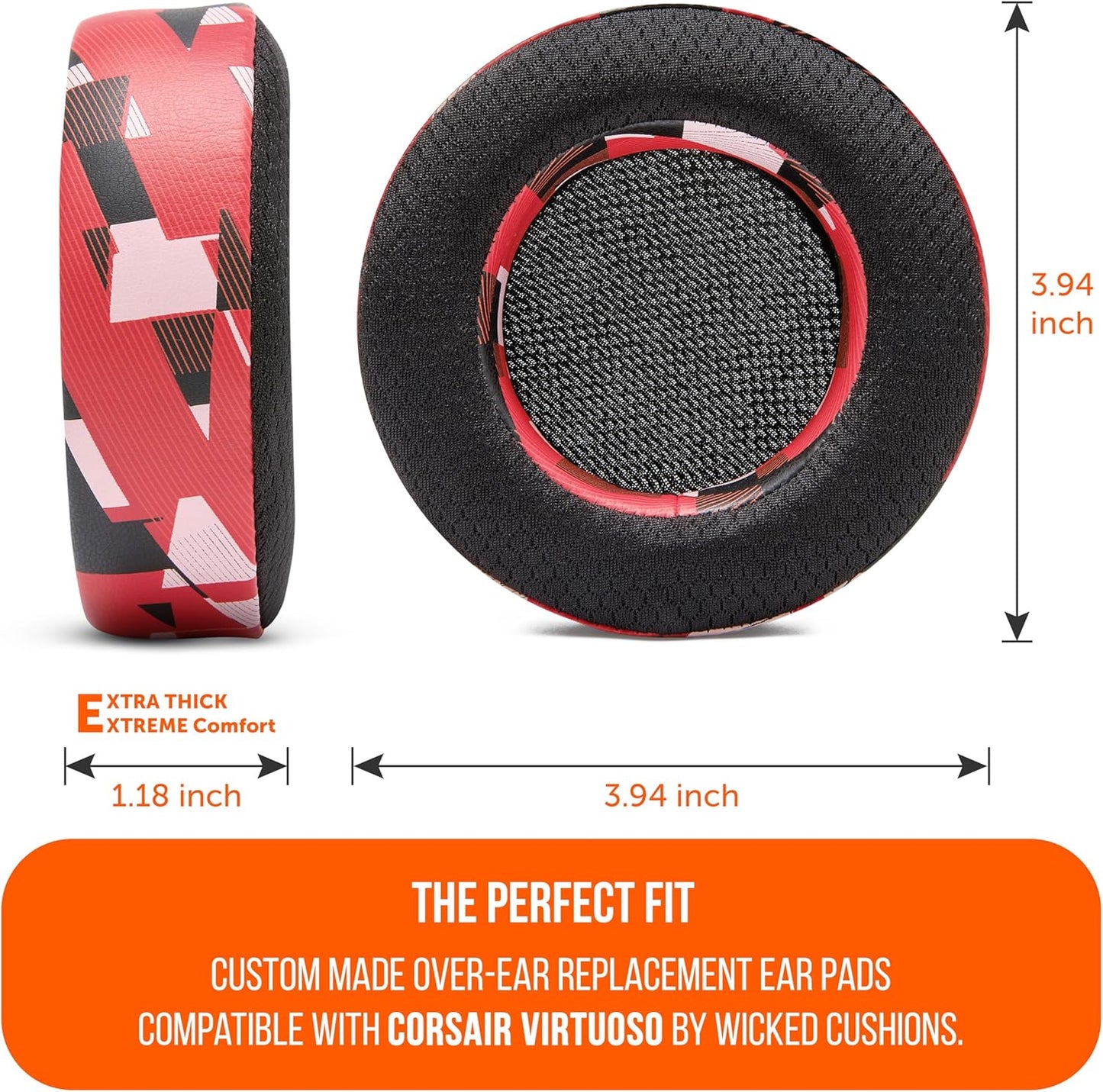 WC Freeze Virtuoso - Hybrid Fabric Cooling Gel Replacement Earpads for Corsair Virtuoso Gaming Headset, Made by Wicked Cushions, Improved Durability, Thickness and Sound Isolation |90s Black