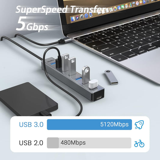 7-Port USB 3.0 Hub Aluminum Multi-Port USB Splitter with 1m Extension Cable, High-Speed 5Gbps Data Transfer for Laptop and Desktop Computers