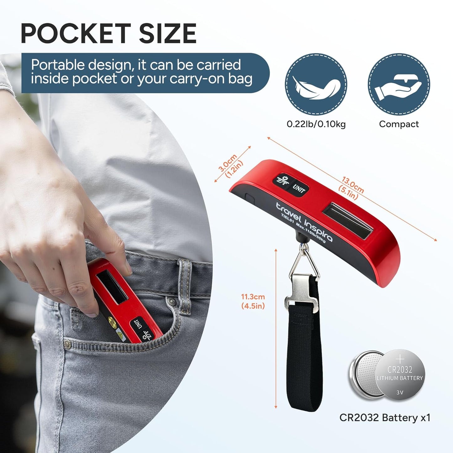 Digital Luggage Scale 110lb / 50kg Hanging Travel Scale with LCD Display, Overload Alert, Temperature Sensor, Portable Baggage Weight Scale - PuriLite