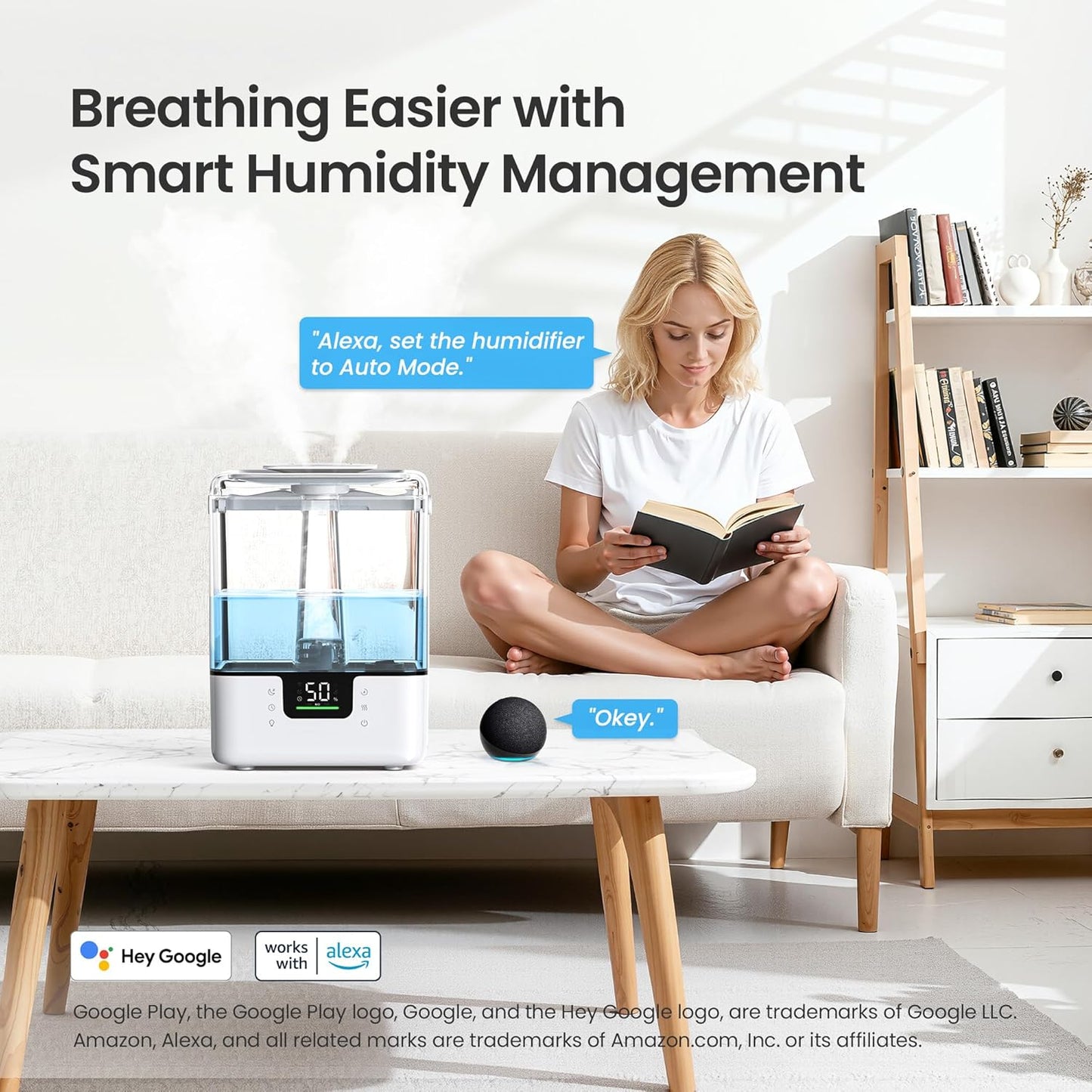 Smart Cool Mist Humidifier 6L Top Fill for Large Rooms, App Touch and Voice Control Air Humidifier with Night Light and Essential Oil Diffuser - PuriLite