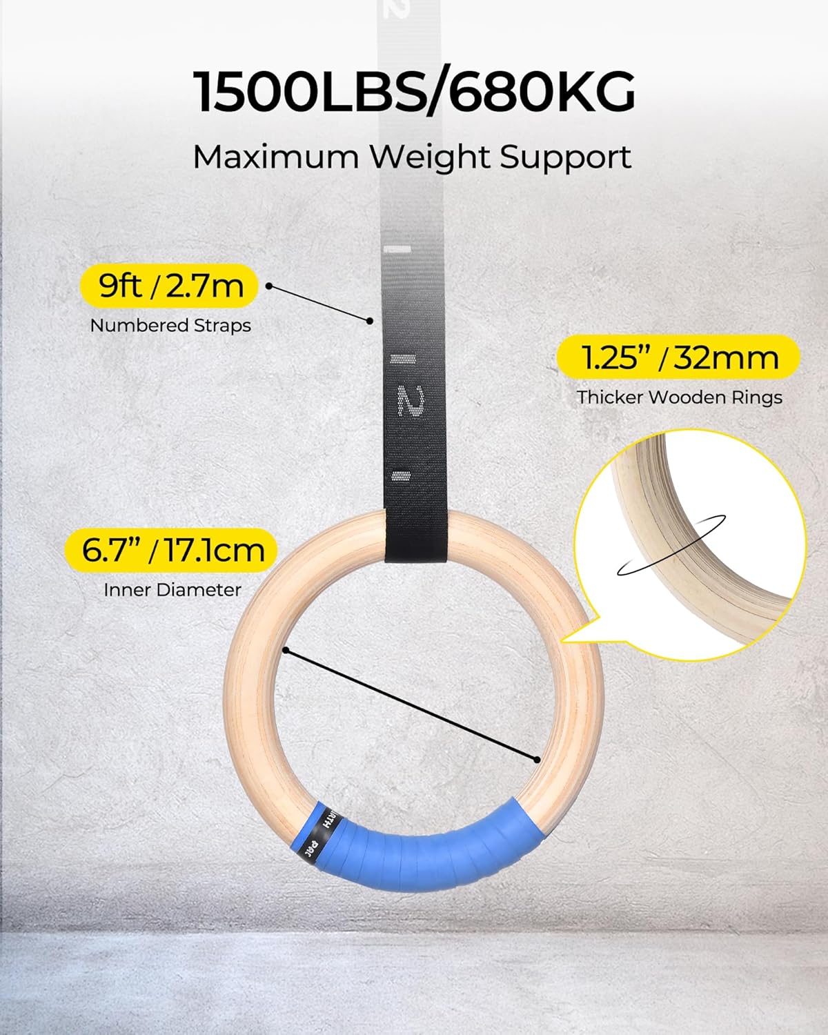 Wooden Gymnastics Rings – 1500lb Heavy-Duty Exercise Rings with Adjustable Cam Buckle Straps – Non-Slip Training Rings - PuriLite